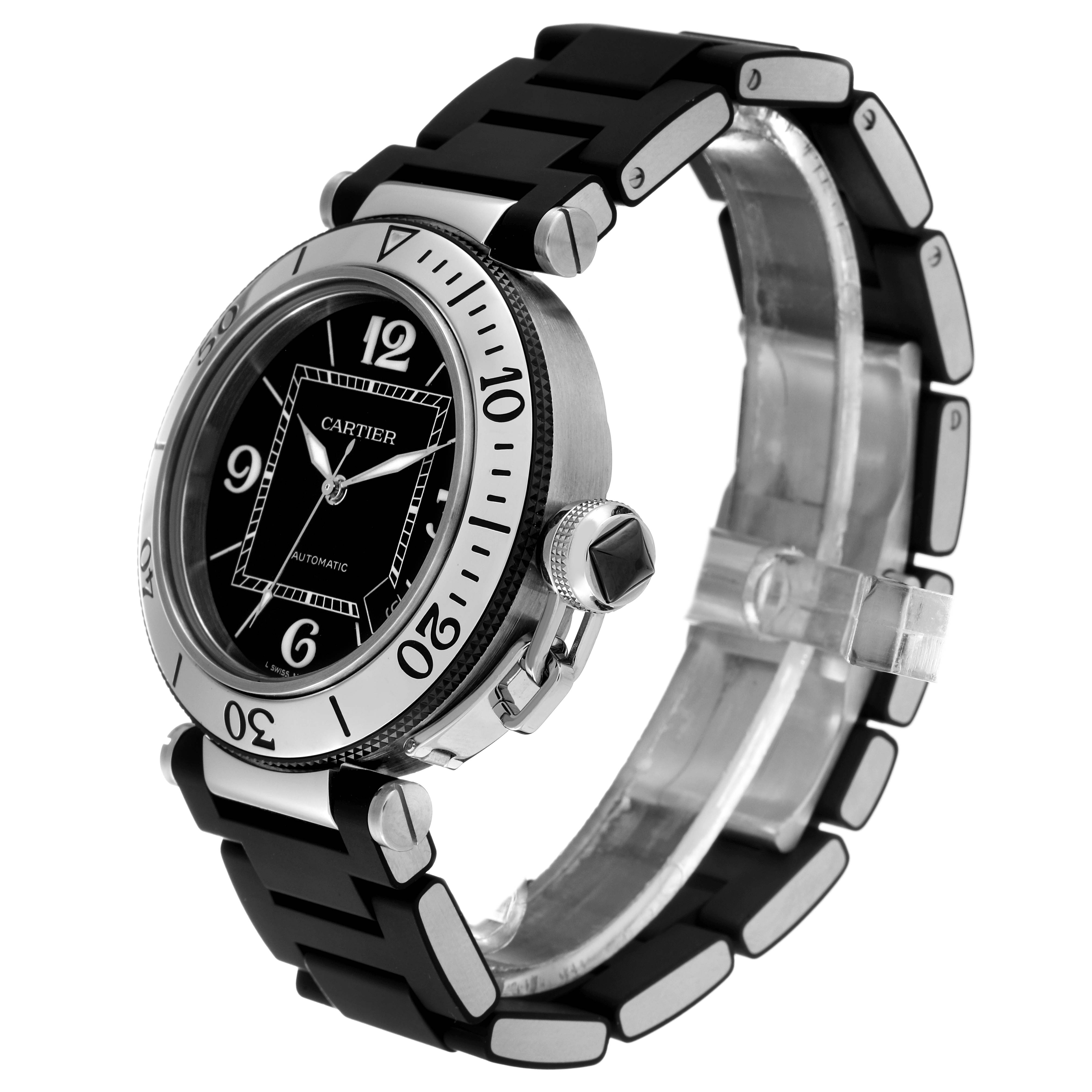 The Cartier Pasha W31077U2 Men
s Stainless Steel Black Dial W31077U2 Men
s Stainless Steel Black Dial watch is shown at a three-quarter angle, highlighting the face, bezel, crown, and strap.