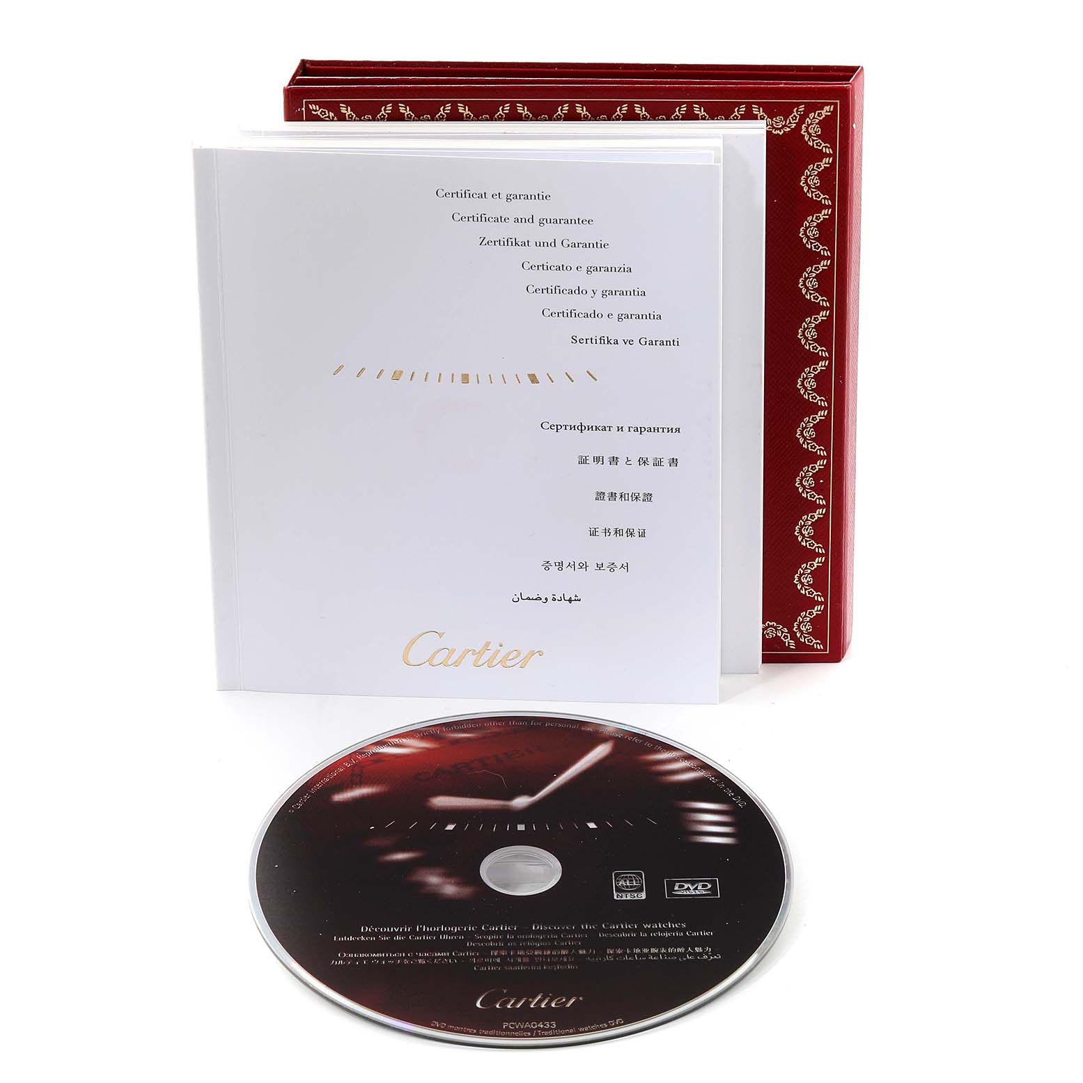 The image displays the warranty booklet and a DVD for the Cartier Pasha W31077U2 Men
s Stainless Steel Black Dial W31077U2 Men
s Stainless Steel Black Dial watch model, along with a red folder.