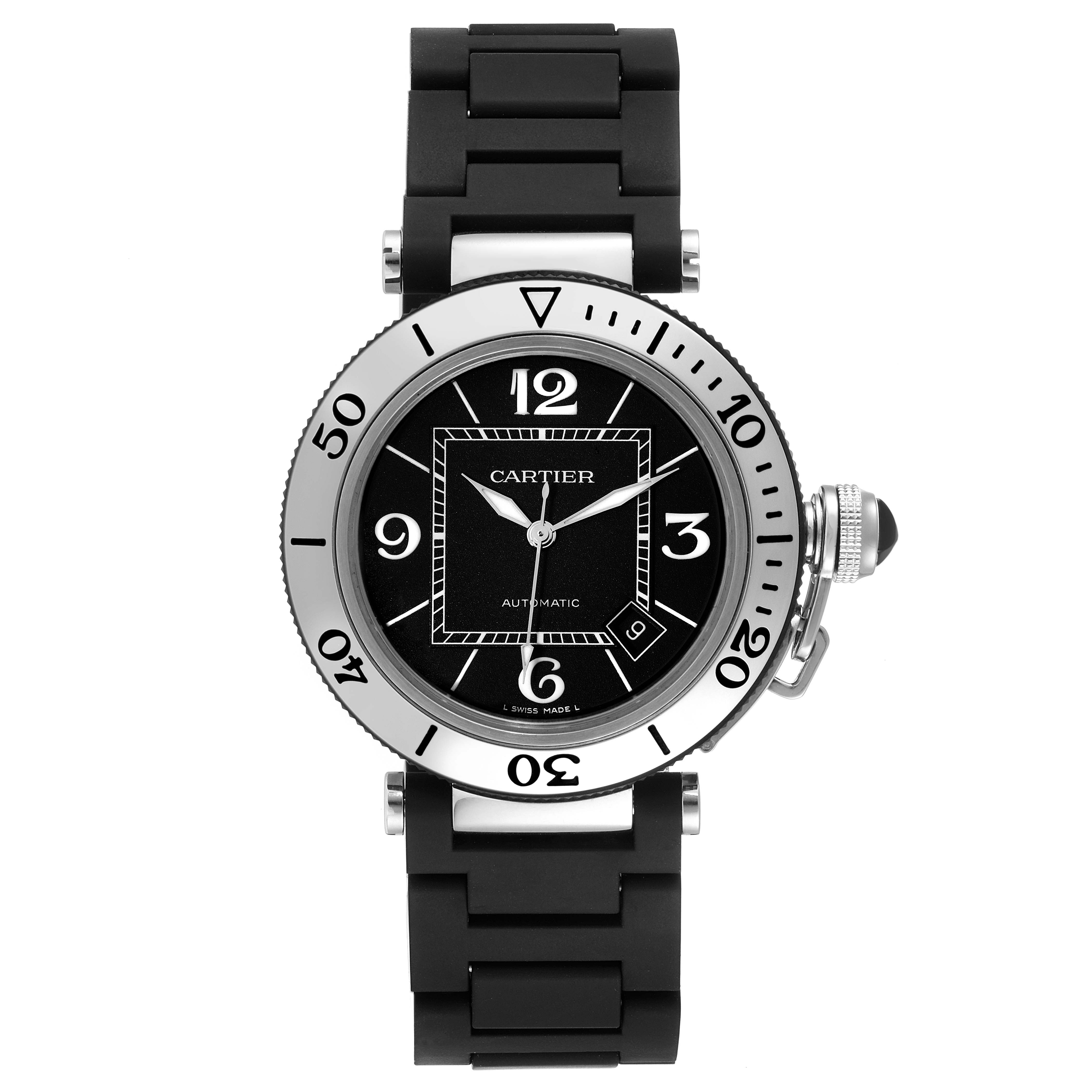 The image shows a front view of a Cartier Pasha W31077U2 Men
s Stainless Steel Black Dial W31077U2 Men
s Stainless Steel Black Dial model watch, highlighting its black dial, bezel, and strap.
