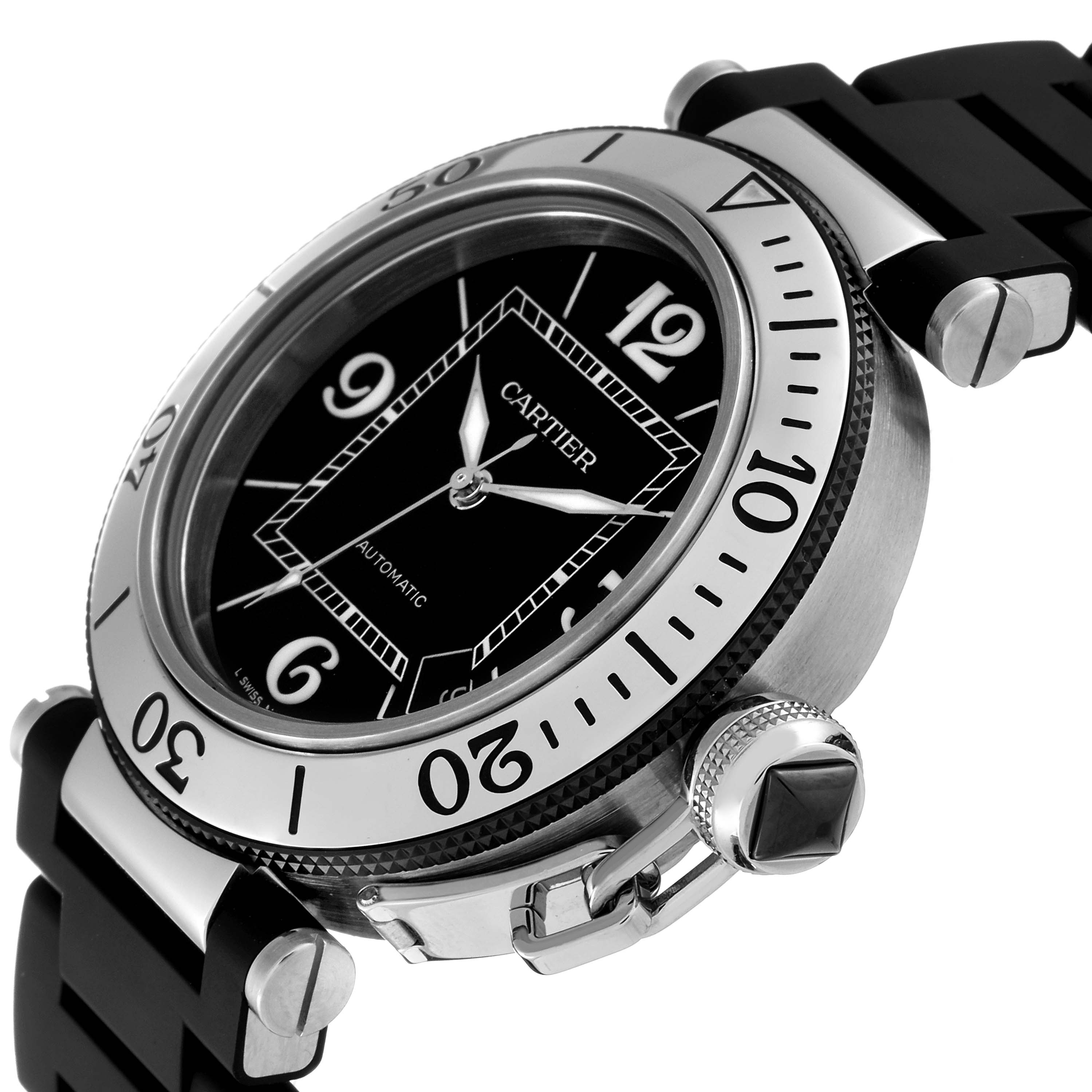 This image shows a close-up, side-angle view of the Cartier Pasha W31077U2 Men
s Stainless Steel Black Dial W31077U2 Men
s Stainless Steel Black Dial watch, highlighting its bezel, face, crown, and strap.