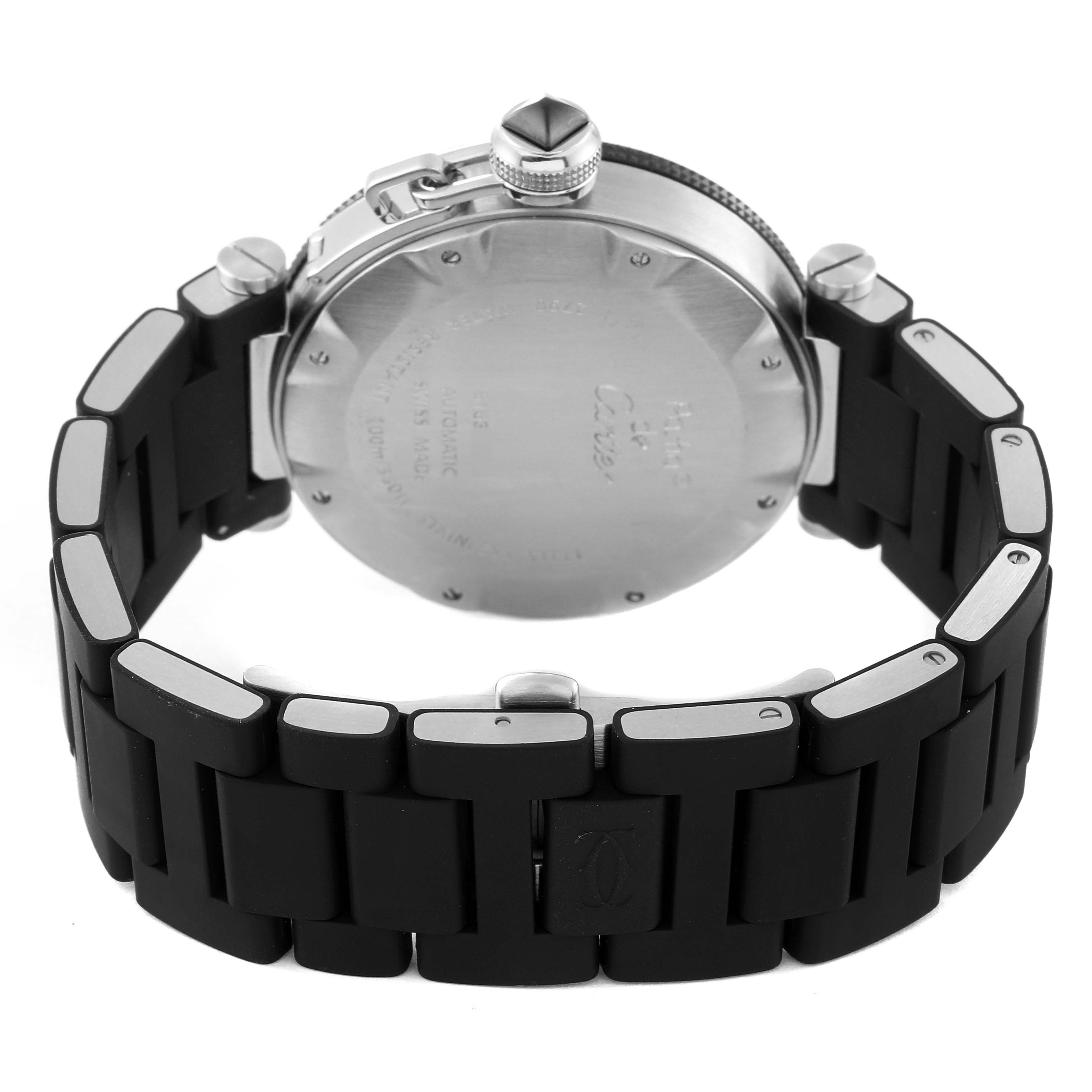 This image shows the back of a Cartier Pasha W31077U2 Men
s Stainless Steel Black Dial W31077U2 Men
s Stainless Steel Black Dial model watch, including its caseback and bracelet.