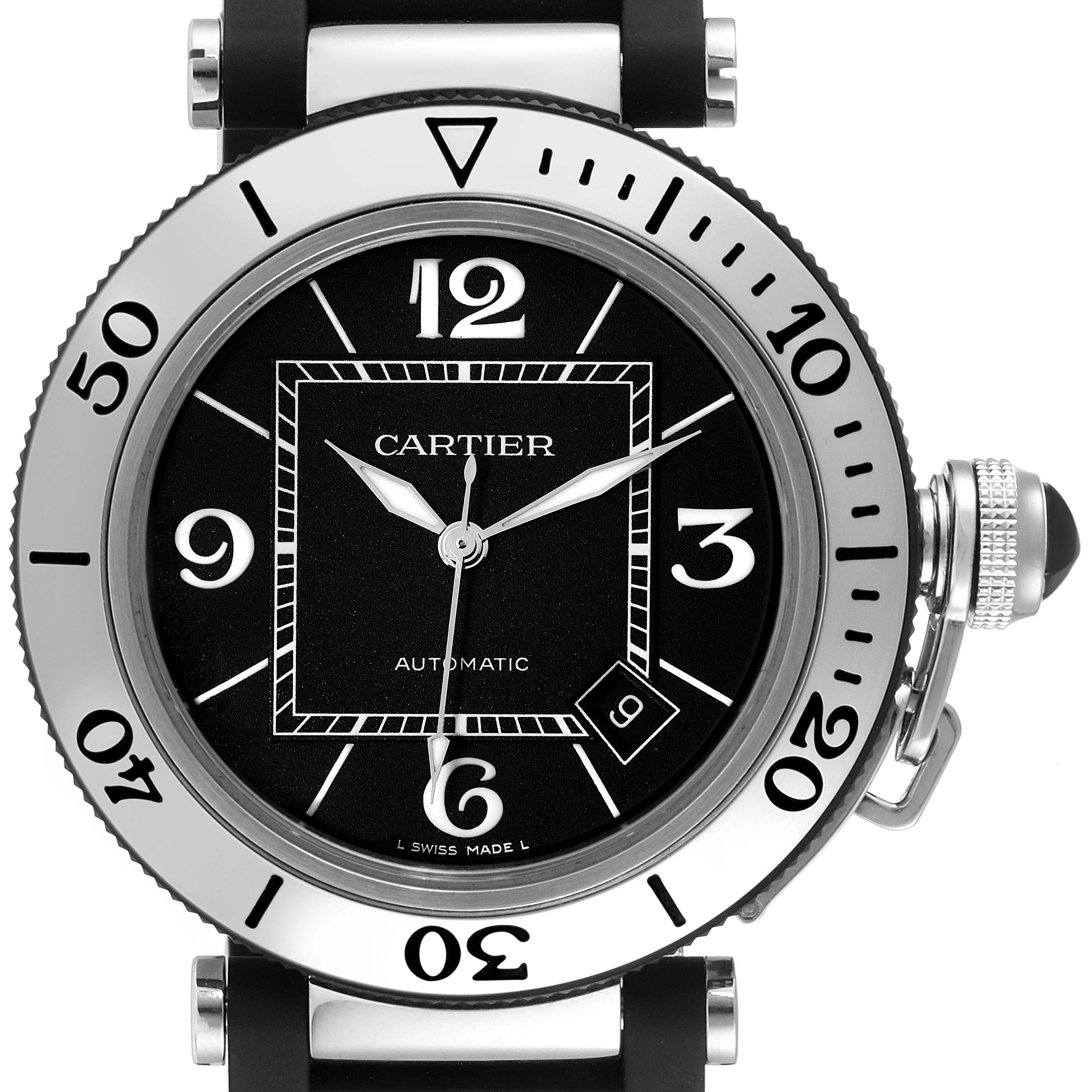 This image shows a front view of a Cartier Pasha W31077U2 Men
s Stainless Steel Black Dial W31077U2 Men
s Stainless Steel Black Dial model watch, highlighting the dial, bezel, and crown.