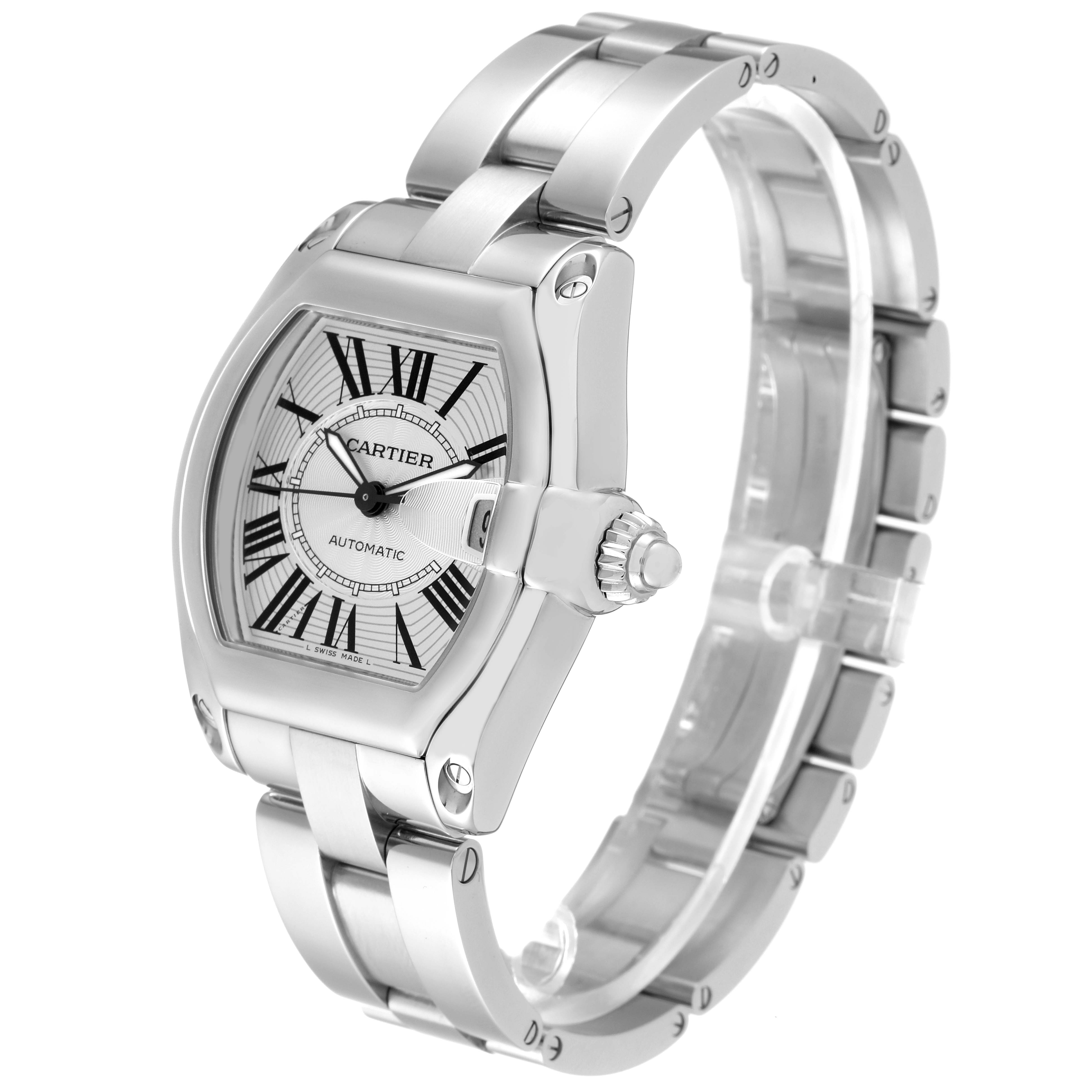 The image shows a Cartier Roadster W62025V3 Men
s Stainless Steel Silver Dial W62025V3 Men
s Stainless Steel Silver Dial watch from a front angled view, highlighting the dial, bezel, crown, and bracelet.