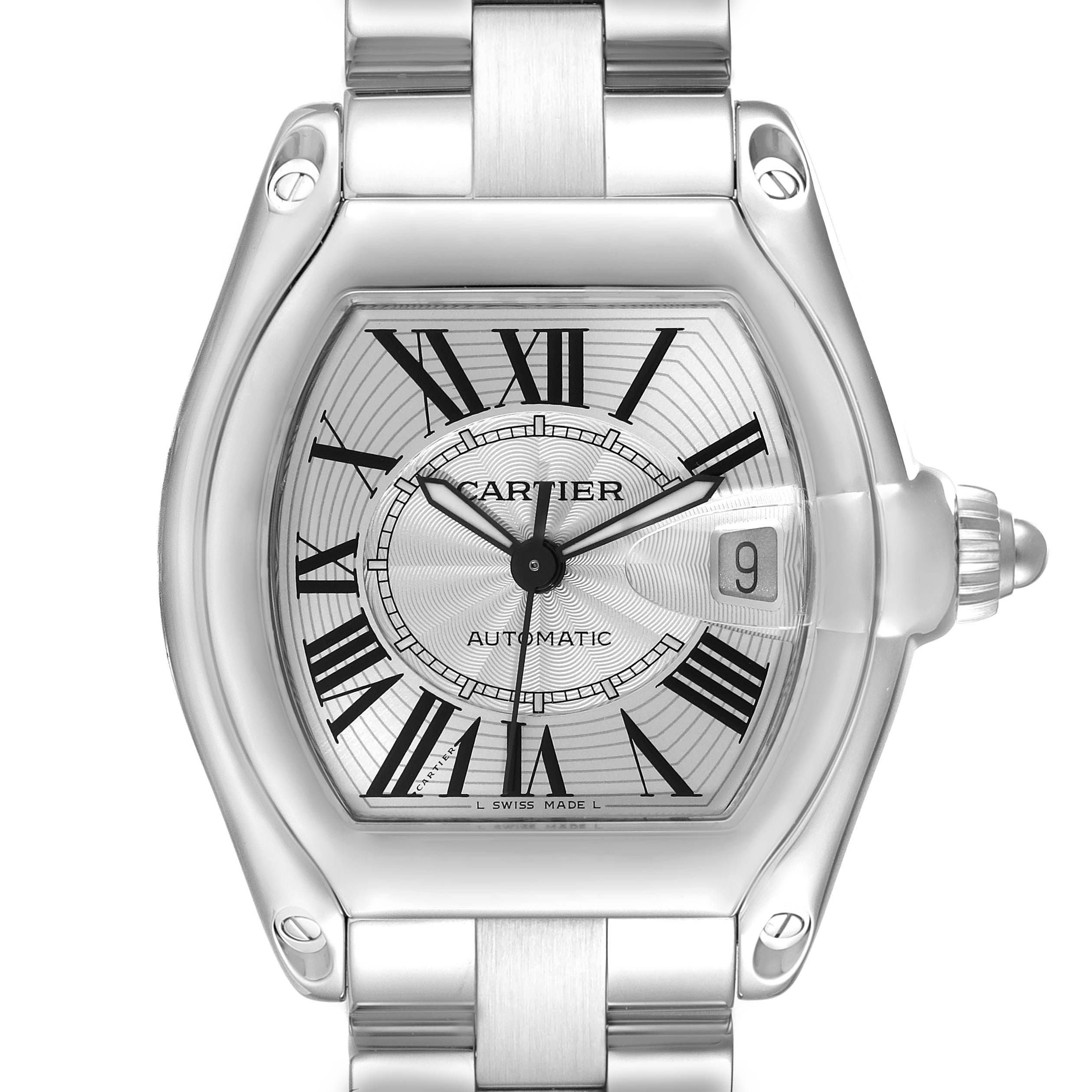 This image shows a close-up, front view of the Cartier Roadster W62025V3 Men
s Stainless Steel Silver Dial W62025V3 Men
s Stainless Steel Silver Dial watch, highlighting the dial with Roman numerals and the date feature.