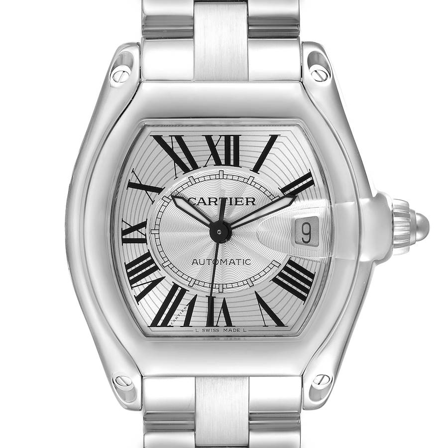 This image shows a close-up, front view of the Cartier Roadster watch, highlighting the dial with Roman numerals and the date feature.