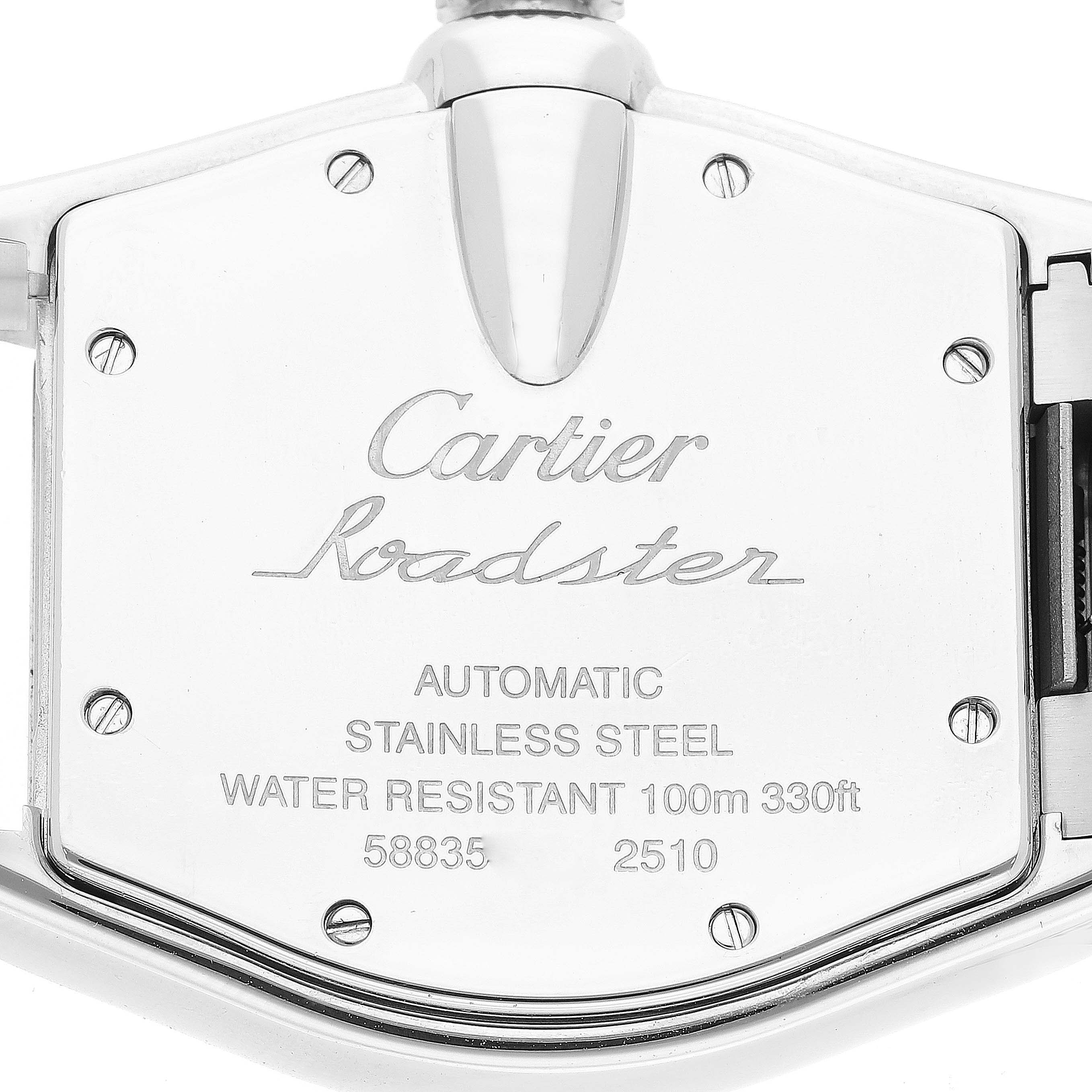 This image shows the back of a Cartier Roadster W62025V3 Men
s Stainless Steel Silver Dial W62025V3 Men
s Stainless Steel Silver Dial watch, highlighting details such as model specifications and water resistance.