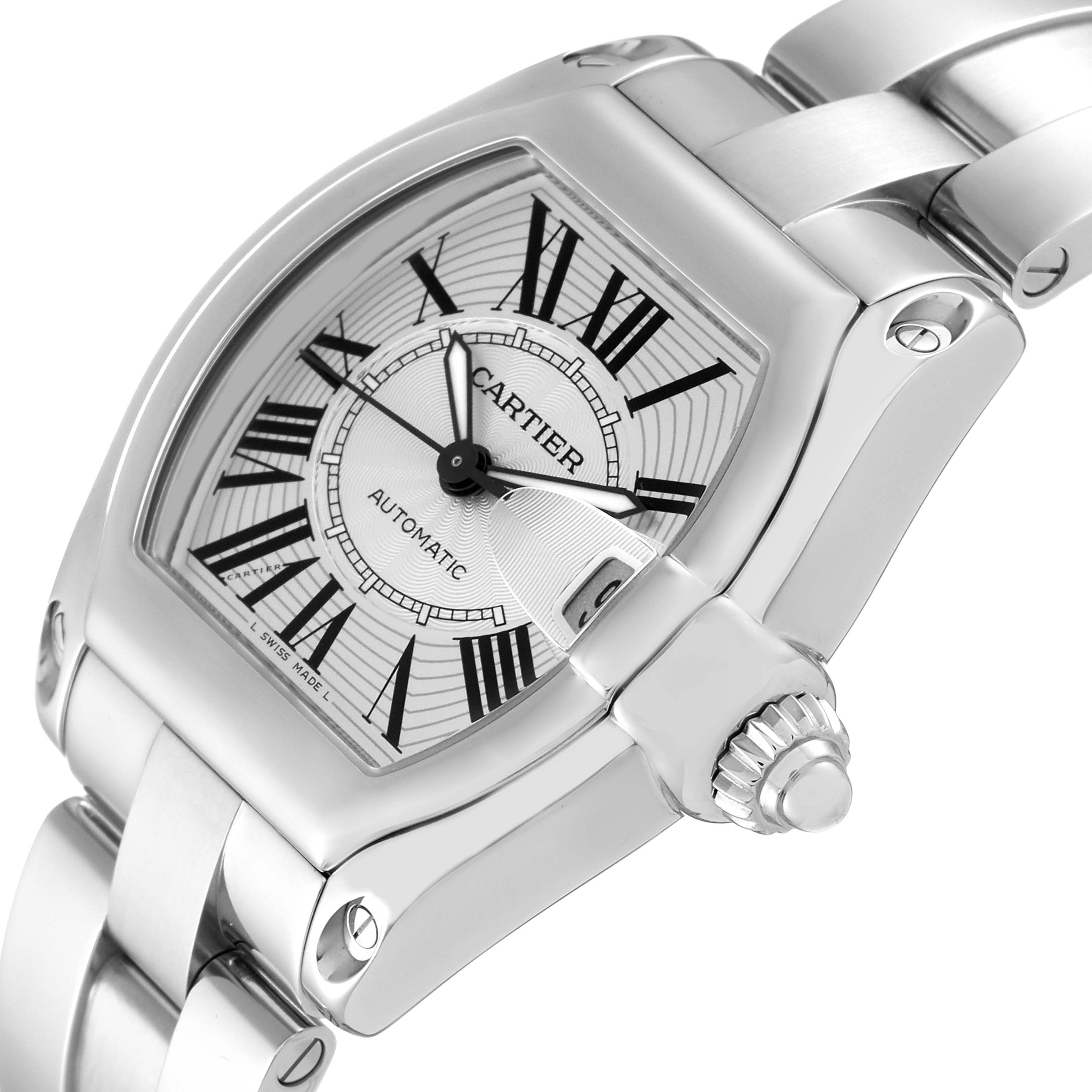 The Cartier Roadster W62025V3 Men
s Stainless Steel Silver Dial W62025V3 Men
s Stainless Steel Silver Dial watch is shown at an angle highlighting the dial, case, and bracelet.