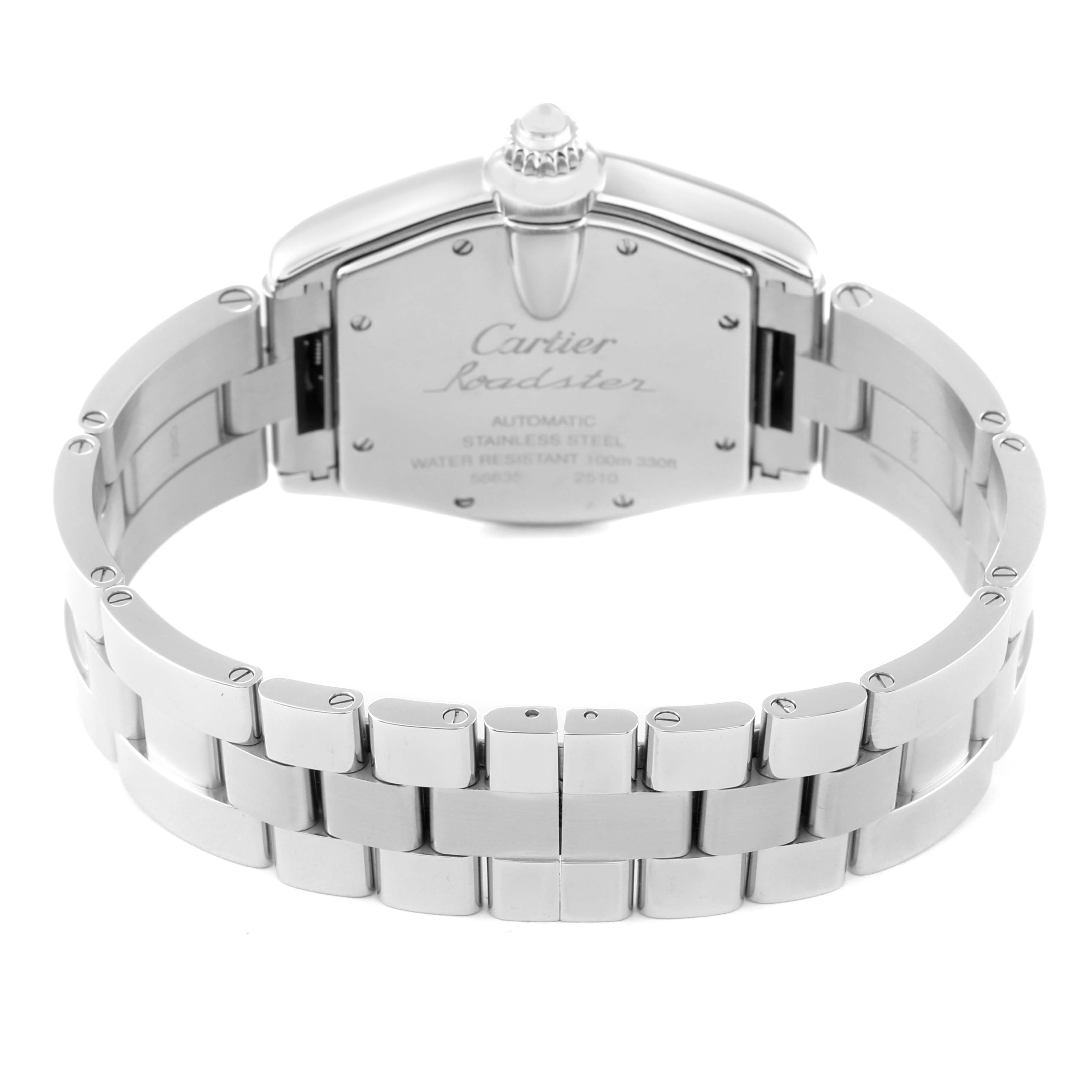 The image shows the back view of a Cartier Roadster W62025V3 Men
s Stainless Steel Silver Dial W62025V3 Men
s Stainless Steel Silver Dial watch, highlighting its stainless steel bracelet and case back.