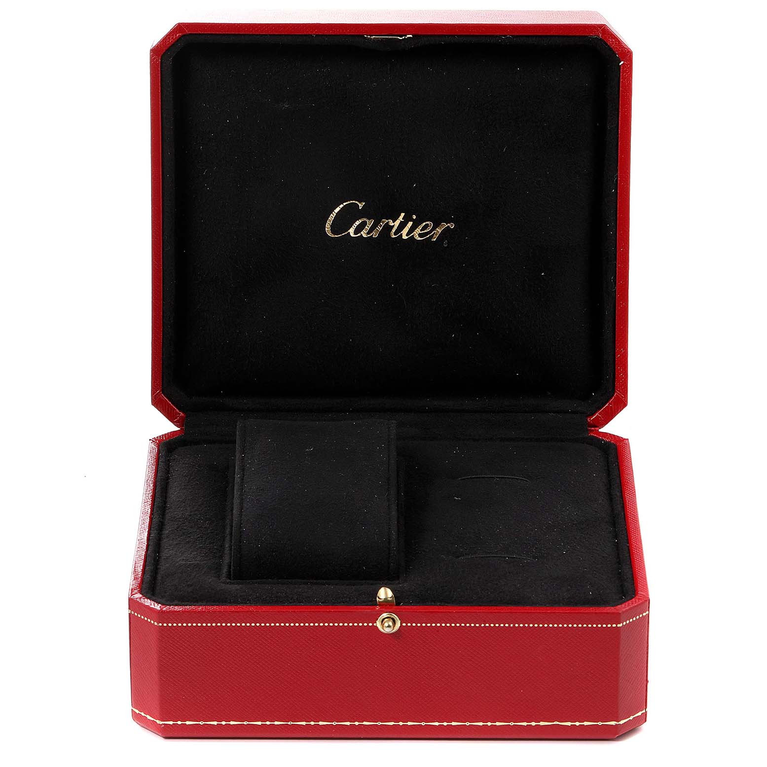 The image shows an open Cartier Ronde W2RN0005 Men's Steel and Gold (two tone) Grey Dial W2RN0005 Men's Steel and Gold (two tone) Grey Dial model watch box, showcasing the brand logo inside the lid.