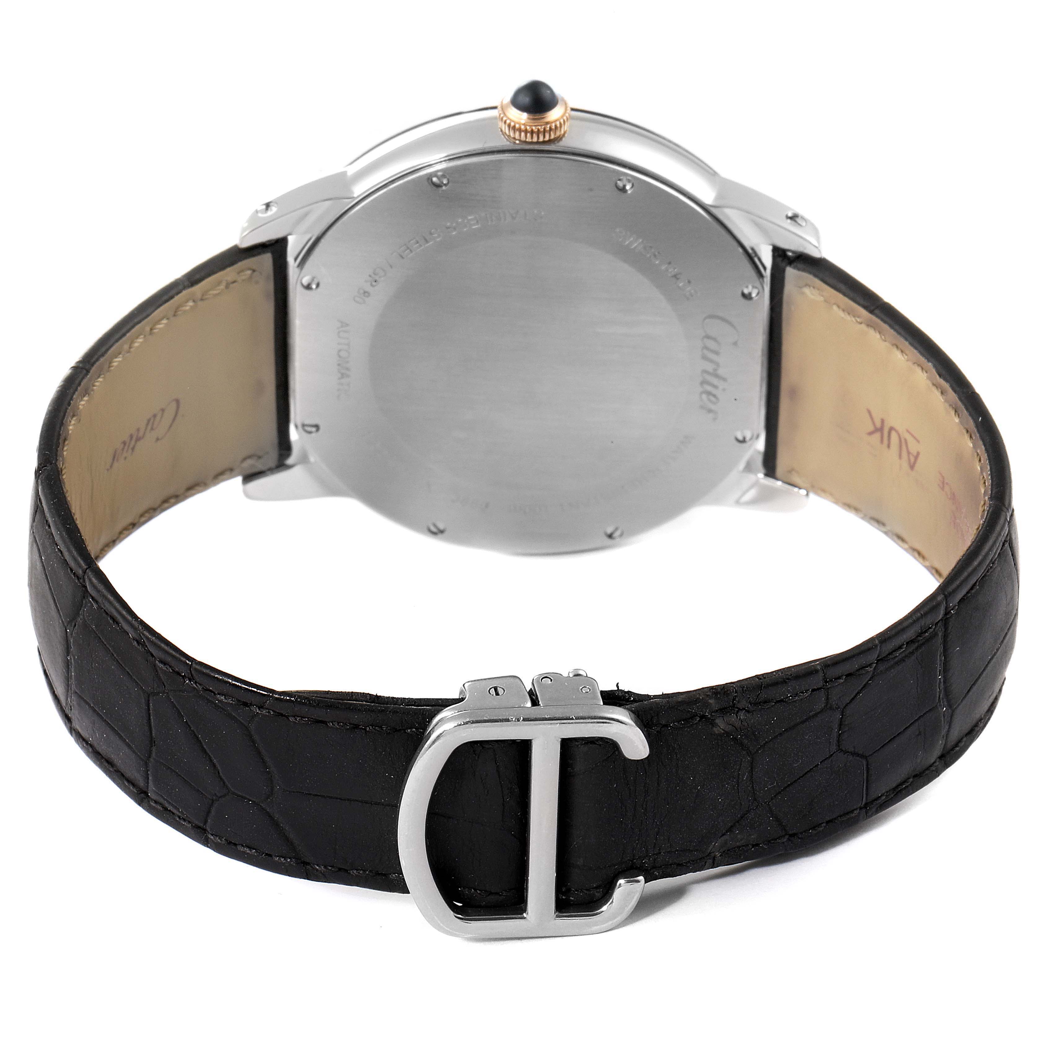The image shows the back view of a Cartier Ronde W2RN0005 Men's Steel and Gold (two tone) Grey Dial W2RN0005 Men's Steel and Gold (two tone) Grey Dial watch, including the case back, crown, and black leather strap.