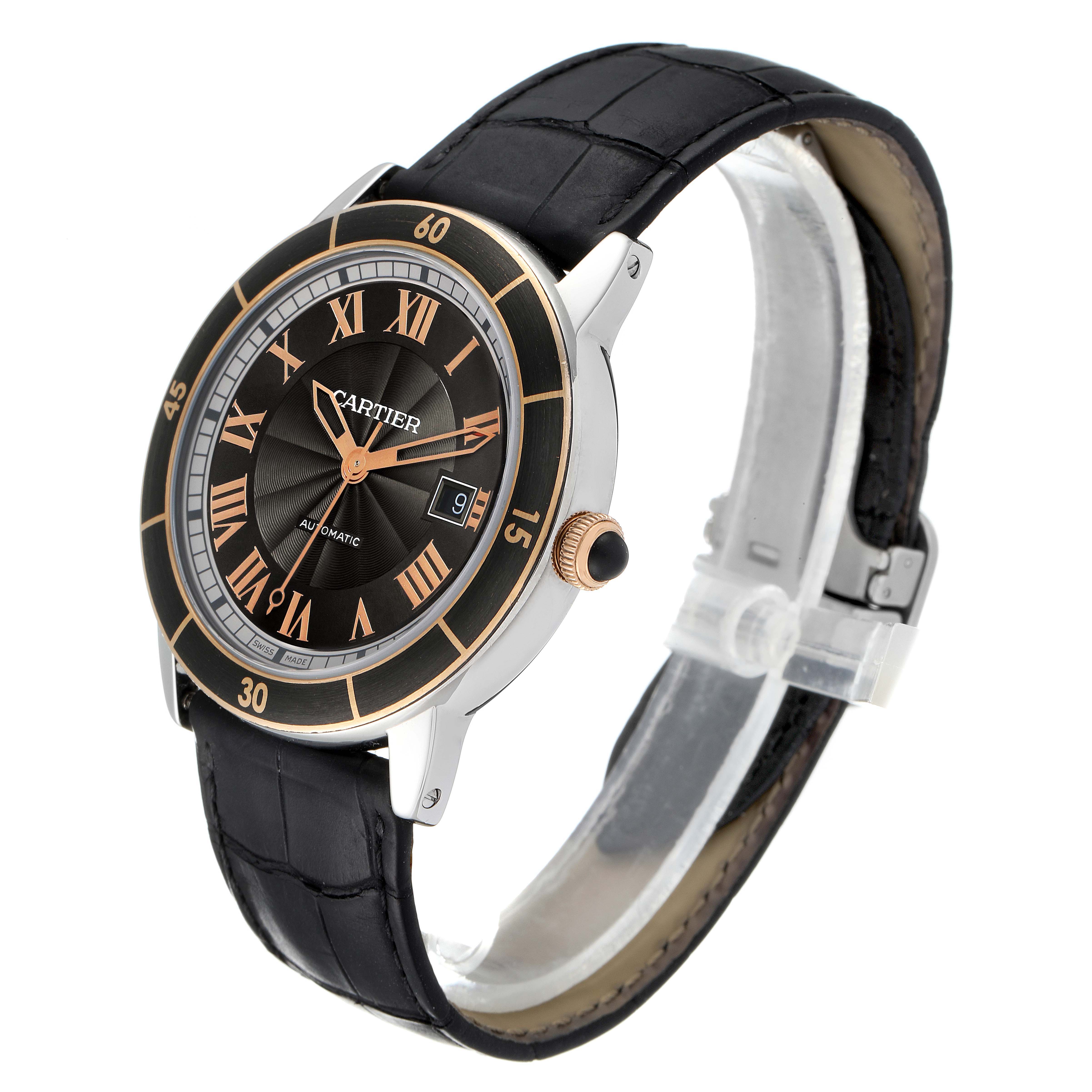 The Cartier Ronde W2RN0005 Men's Steel and Gold (two tone) Grey Dial W2RN0005 Men's Steel and Gold (two tone) Grey Dial watch is shown at a 3/4 angle, highlighting its dial, case, bezel, and leather strap.