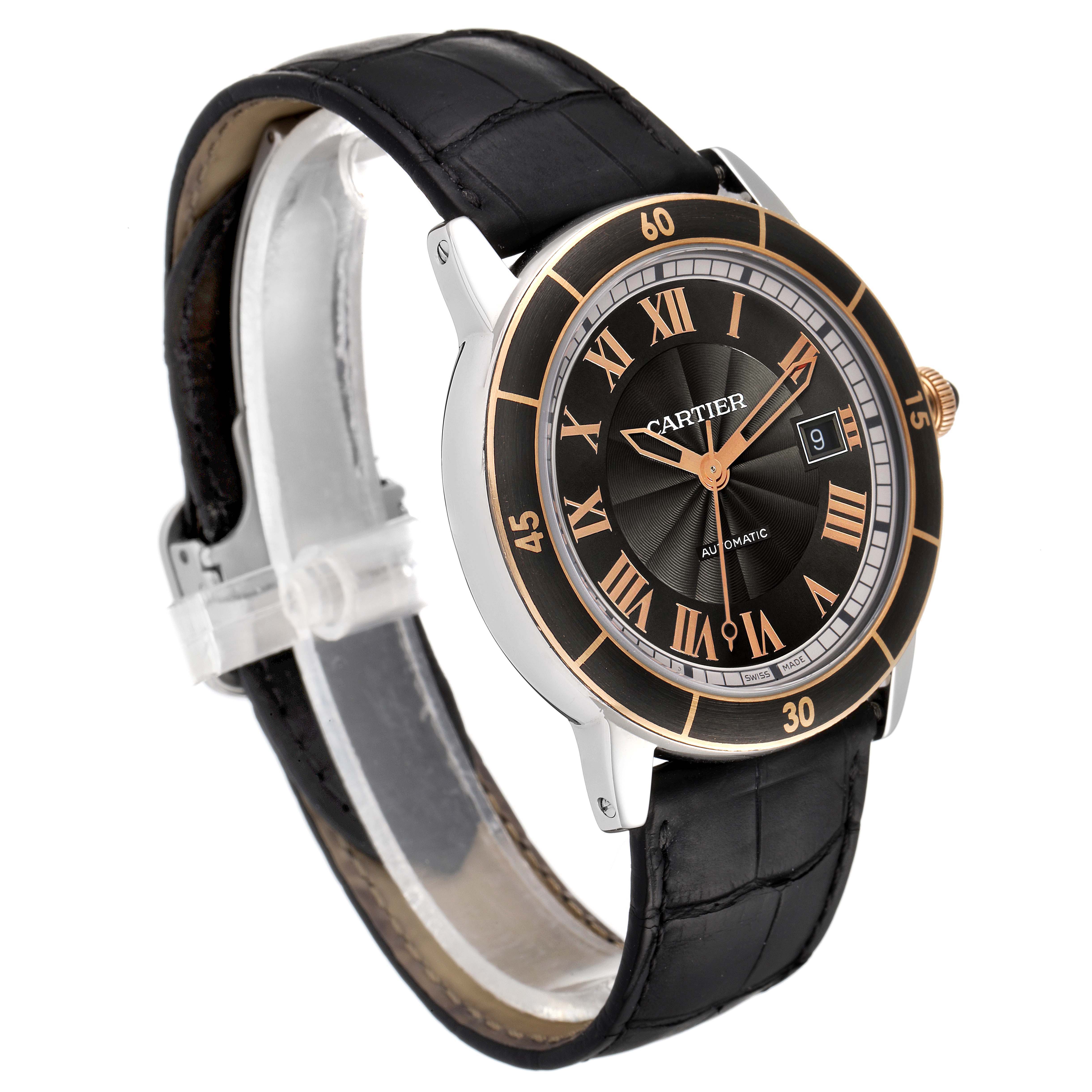 This image shows a Cartier Ronde W2RN0005 Men's Steel and Gold (two tone) Grey Dial W2RN0005 Men's Steel and Gold (two tone) Grey Dial watch at a three-quarter angle, highlighting its face, bezel, and black leather strap.