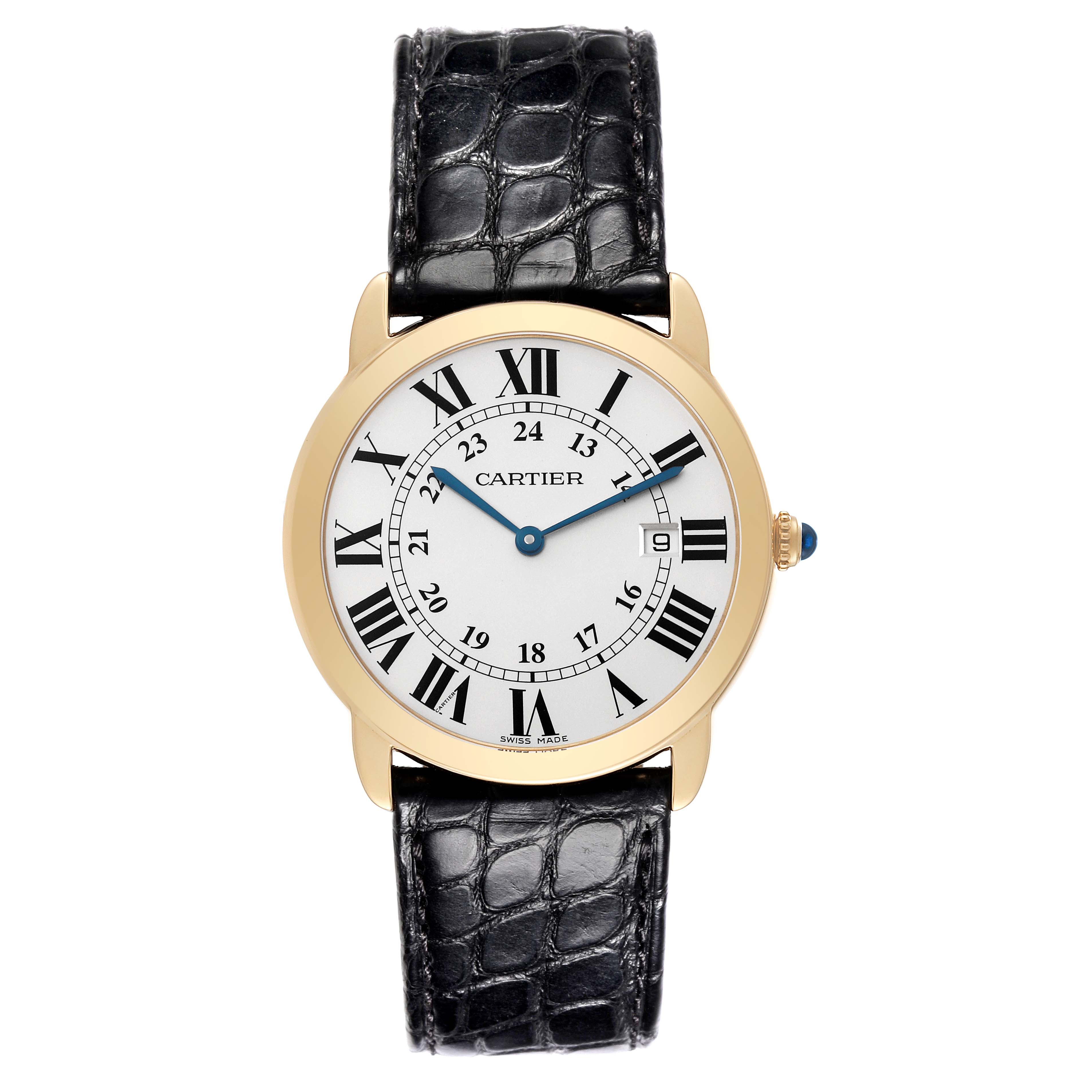 The Cartier Ronde W6700455 Men's Yellow Gold Silver Dial W6700455 Men's Yellow Gold Silver Dial watch is shown from a front angle, displaying its face, Roman numerals, date window, and black leather strap.