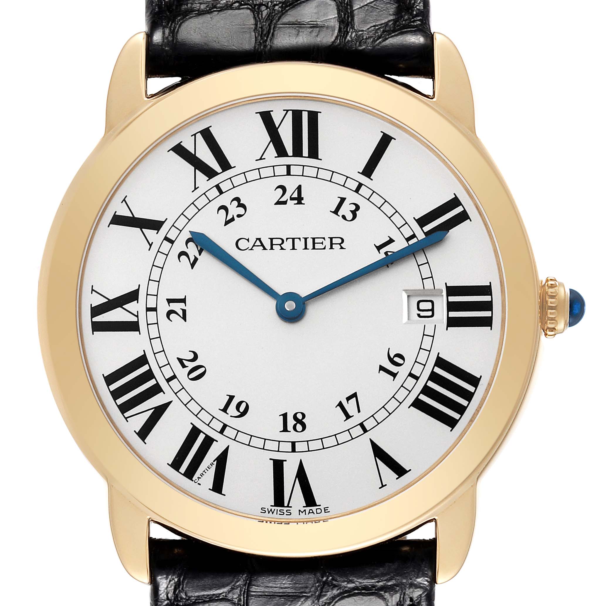 This image shows a close-up view of the Cartier Ronde W6700455 Men's Yellow Gold Silver Dial W6700455 Men's Yellow Gold Silver Dial model watch, displaying its face, hands, and part of the band.