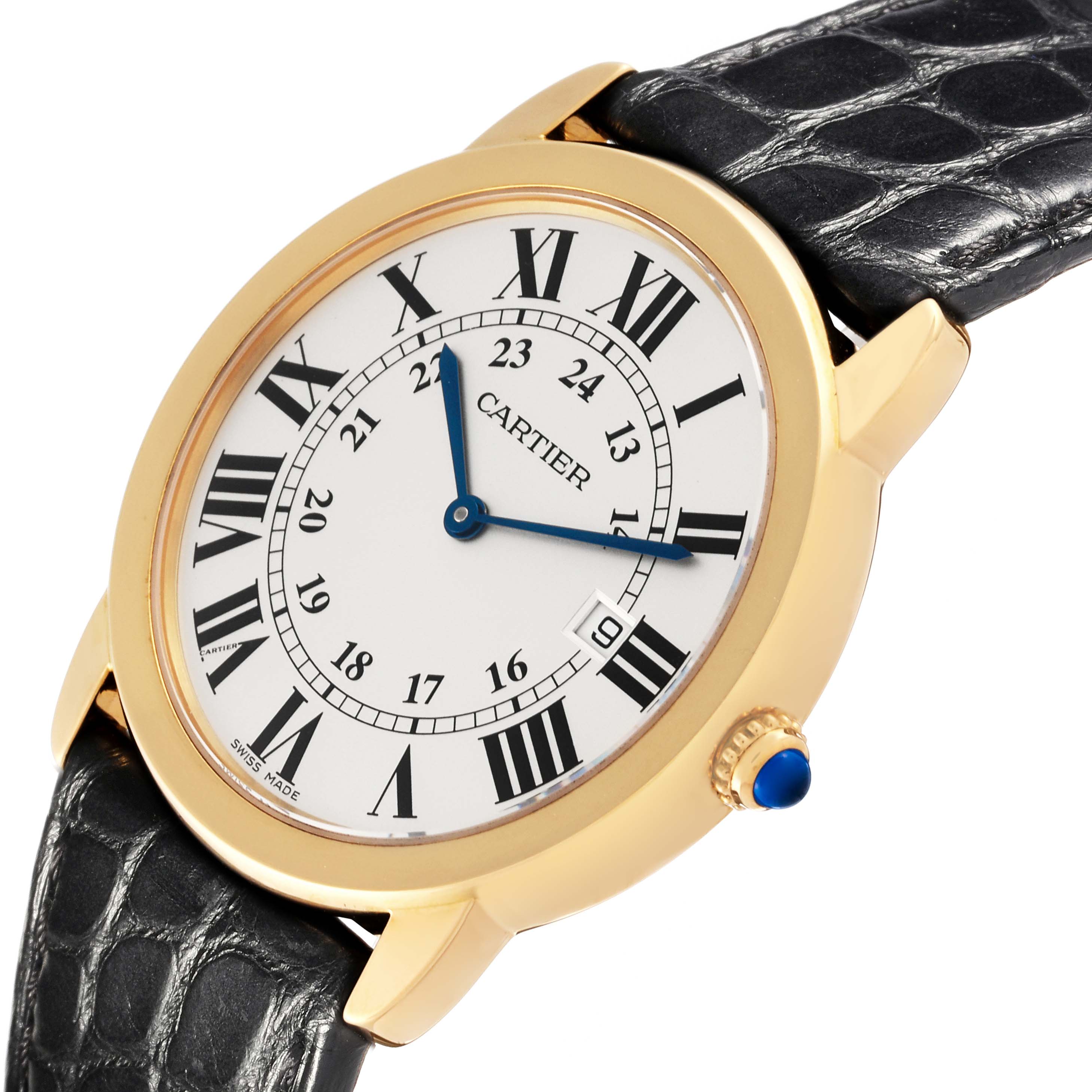 The image shows a Cartier Ronde W6700455 Men's Yellow Gold Silver Dial W6700455 Men's Yellow Gold Silver Dial watch at an angle highlighting its face, bezel, crown, and leather strap.