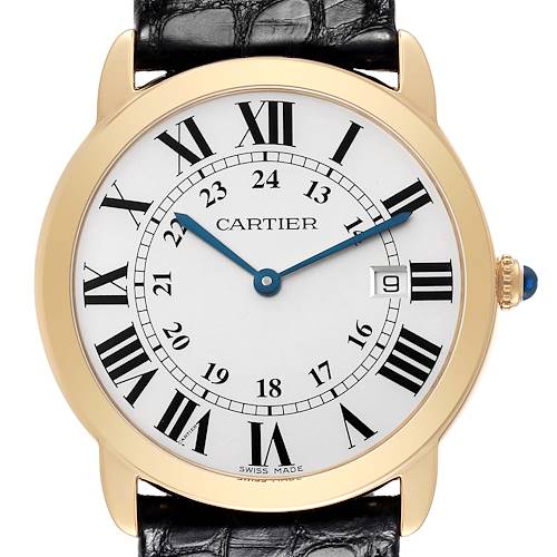 This image shows a front view of a Ronde model watch by Cartier, featuring Roman numerals and a date window.