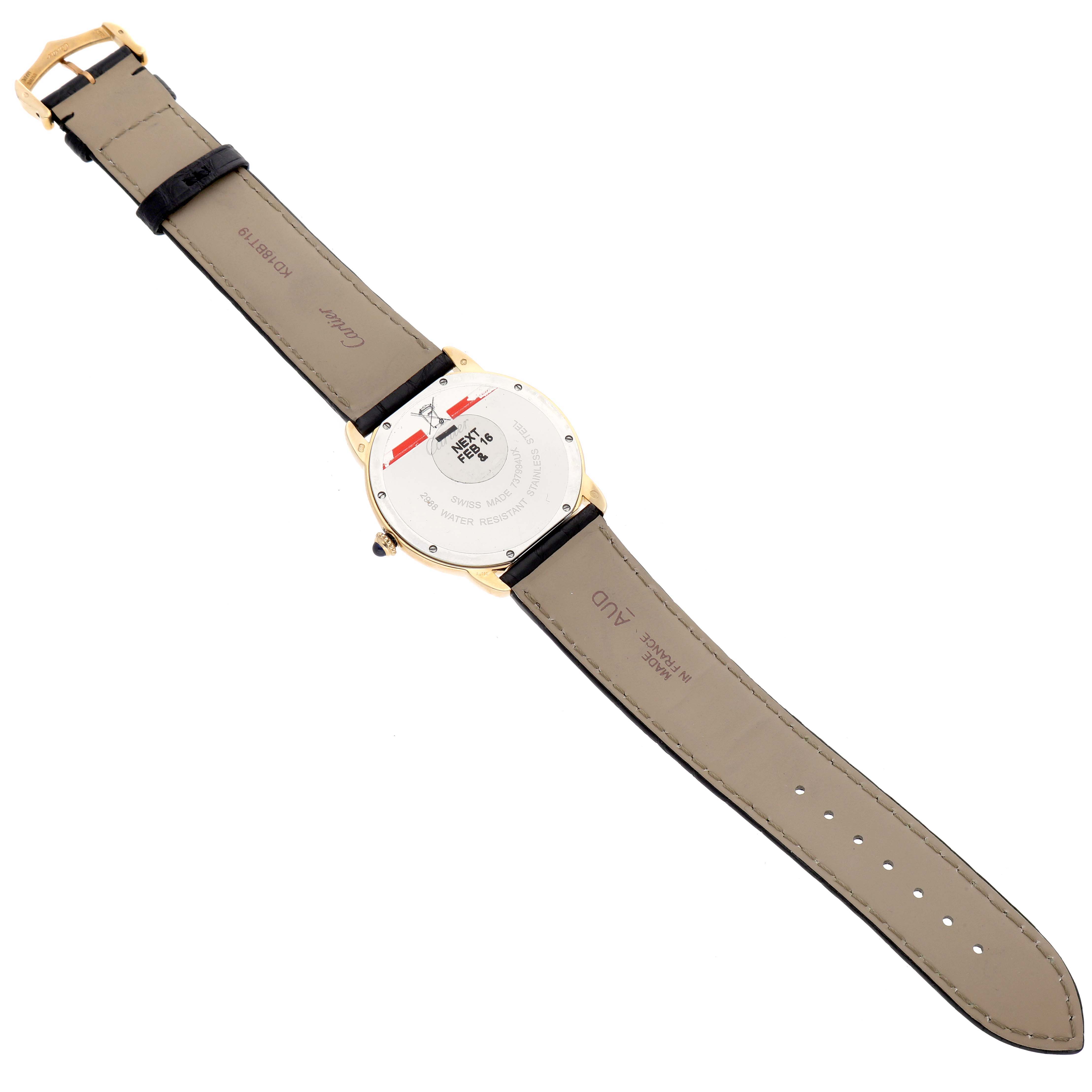 This image shows the back view of a Cartier Ronde W6700455 Men's Yellow Gold Silver Dial W6700455 Men's Yellow Gold Silver Dial watch, displaying its strap and case back.