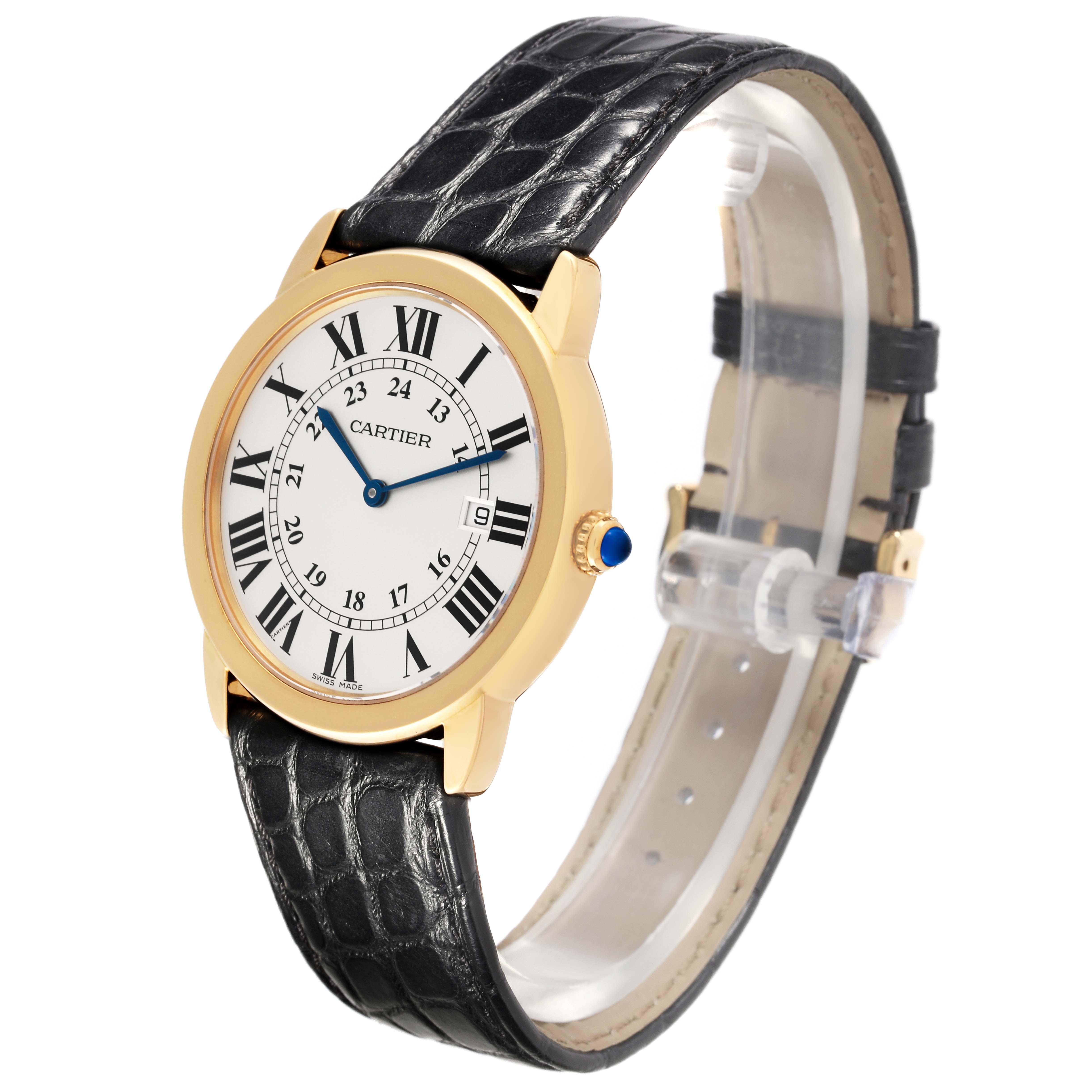 The image shows a Cartier Ronde W6700455 Men's Yellow Gold Silver Dial W6700455 Men's Yellow Gold Silver Dial model watch from a front angle, highlighting its face, strap, and crown.