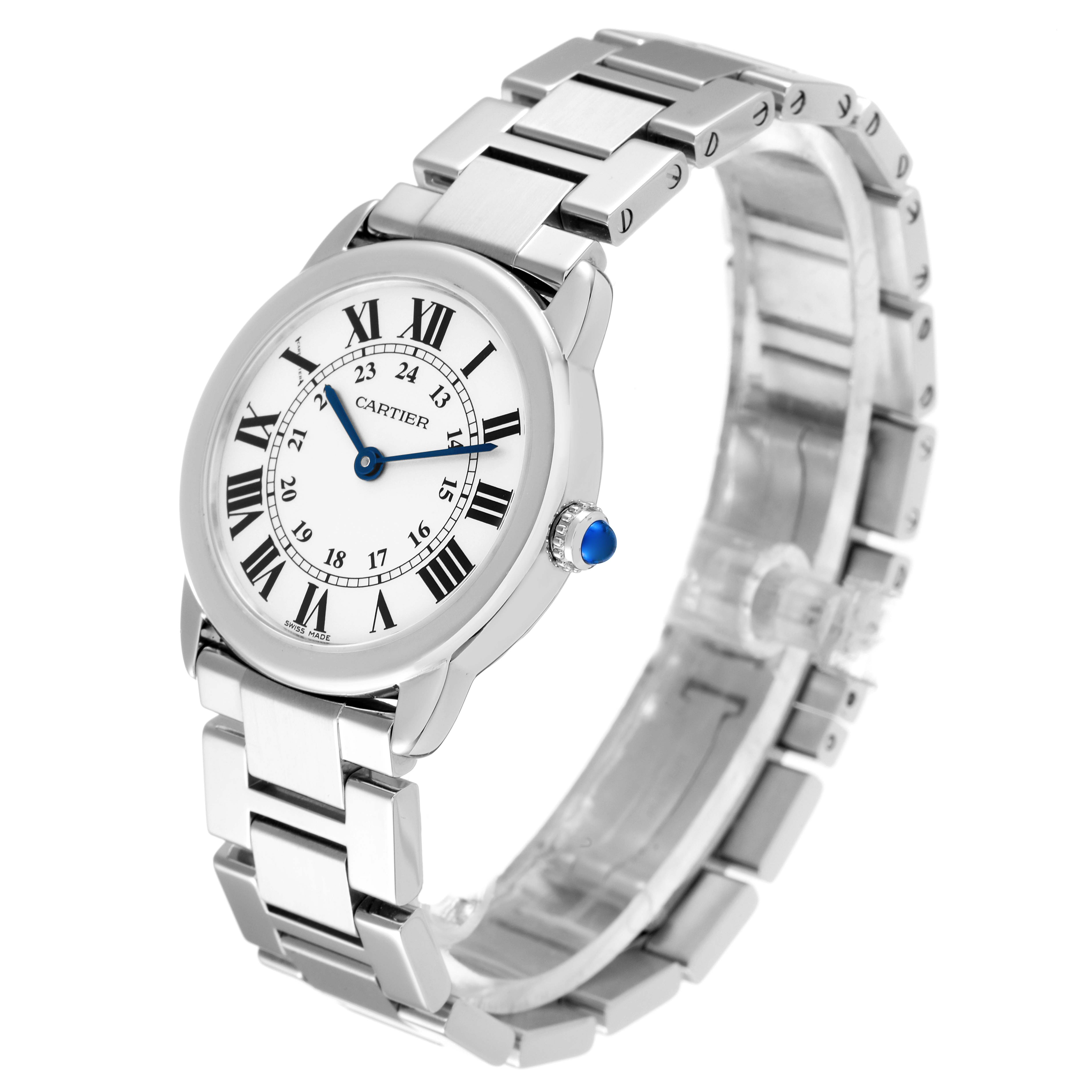 The Cartier Ronde W6701004 Women's Stainless Steel Silver Dial W6701004 Women's Stainless Steel Silver Dial watch is shown at an angled view, displaying its face, bezel, crown, and metal bracelet.