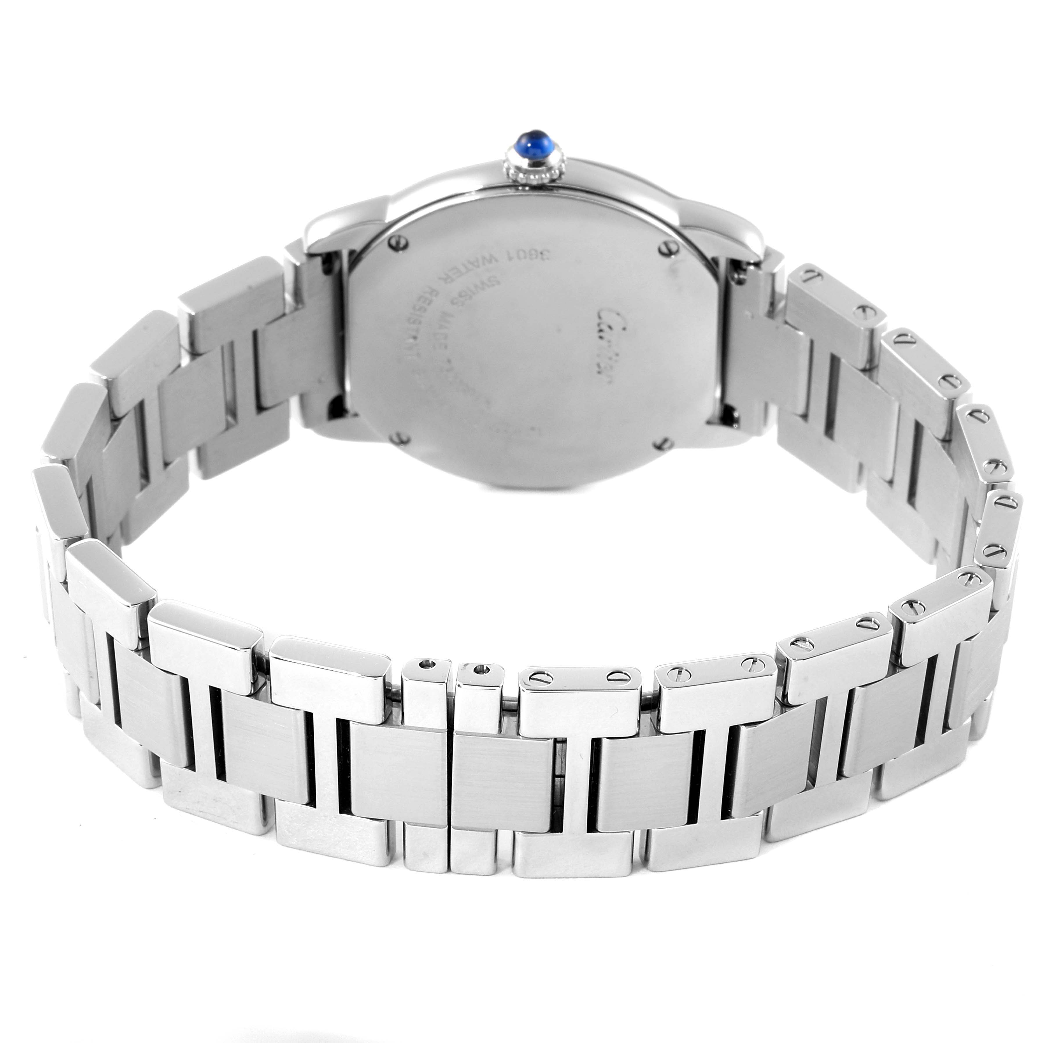 The image shows the back of the Ronde model by Cartier, highlighting its bracelet and case back.