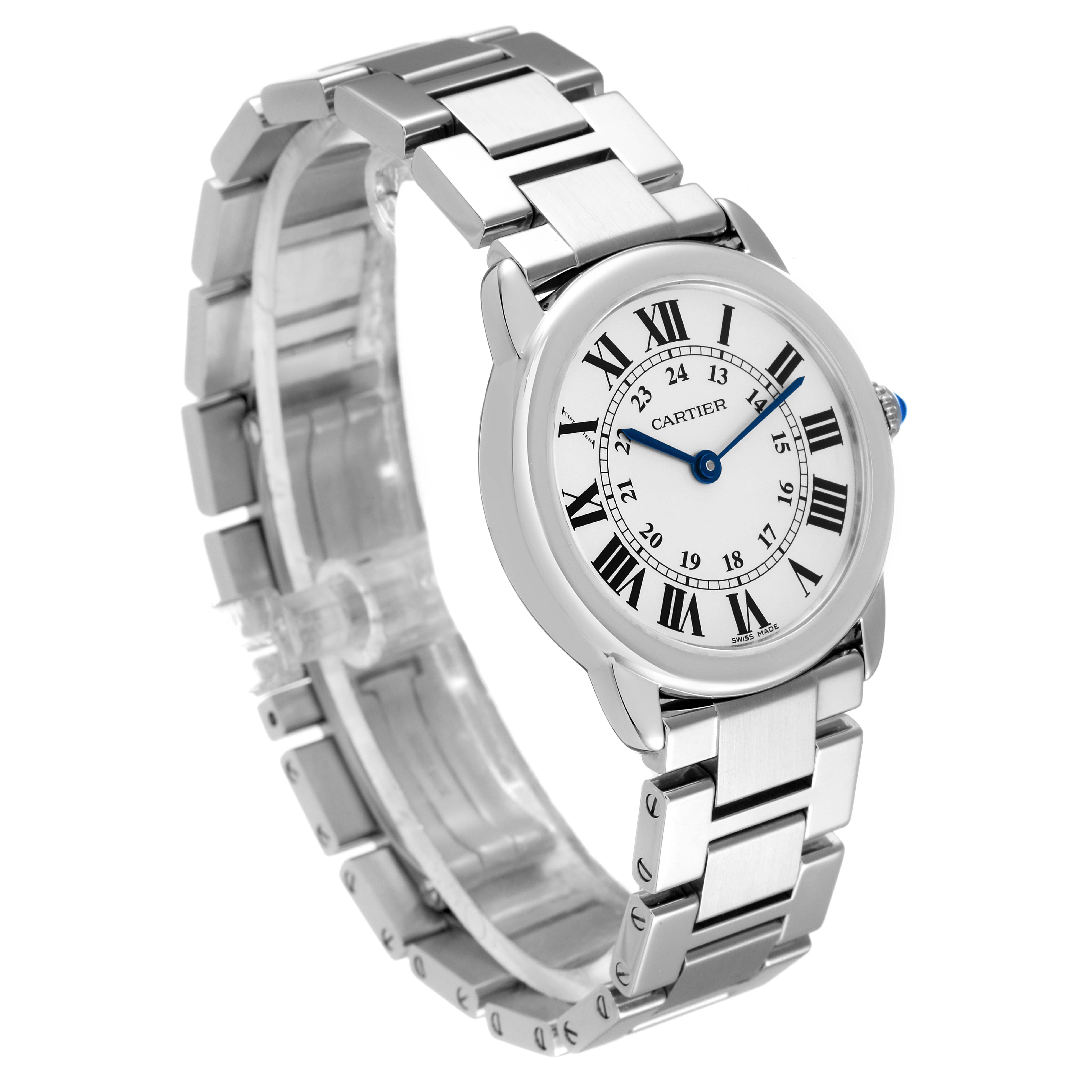 The image shows a Cartier Ronde W6701004 Women's Stainless Steel Silver Dial W6701004 Women's Stainless Steel Silver Dial watch from a three-quarter left angle, displaying the face, bezel, and stainless steel bracelet.