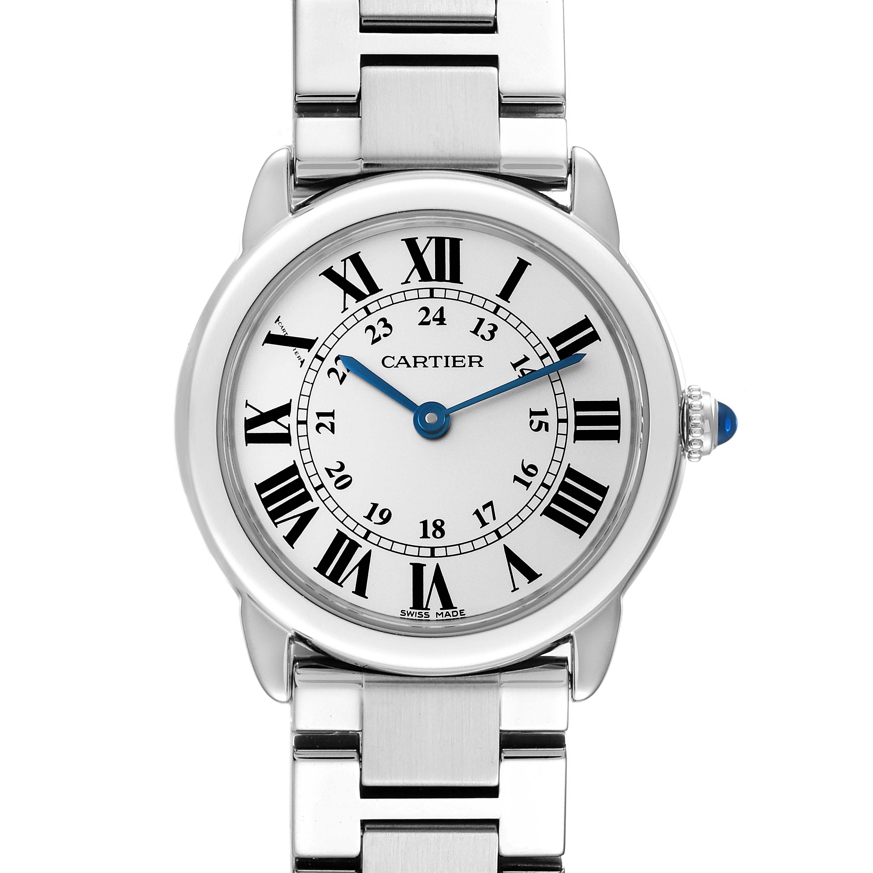 The image shows a front view of a Cartier Ronde W6701004 Women's Stainless Steel Silver Dial W6701004 Women's Stainless Steel Silver Dial watch, highlighting its stainless steel bracelet and Roman numeral dial.