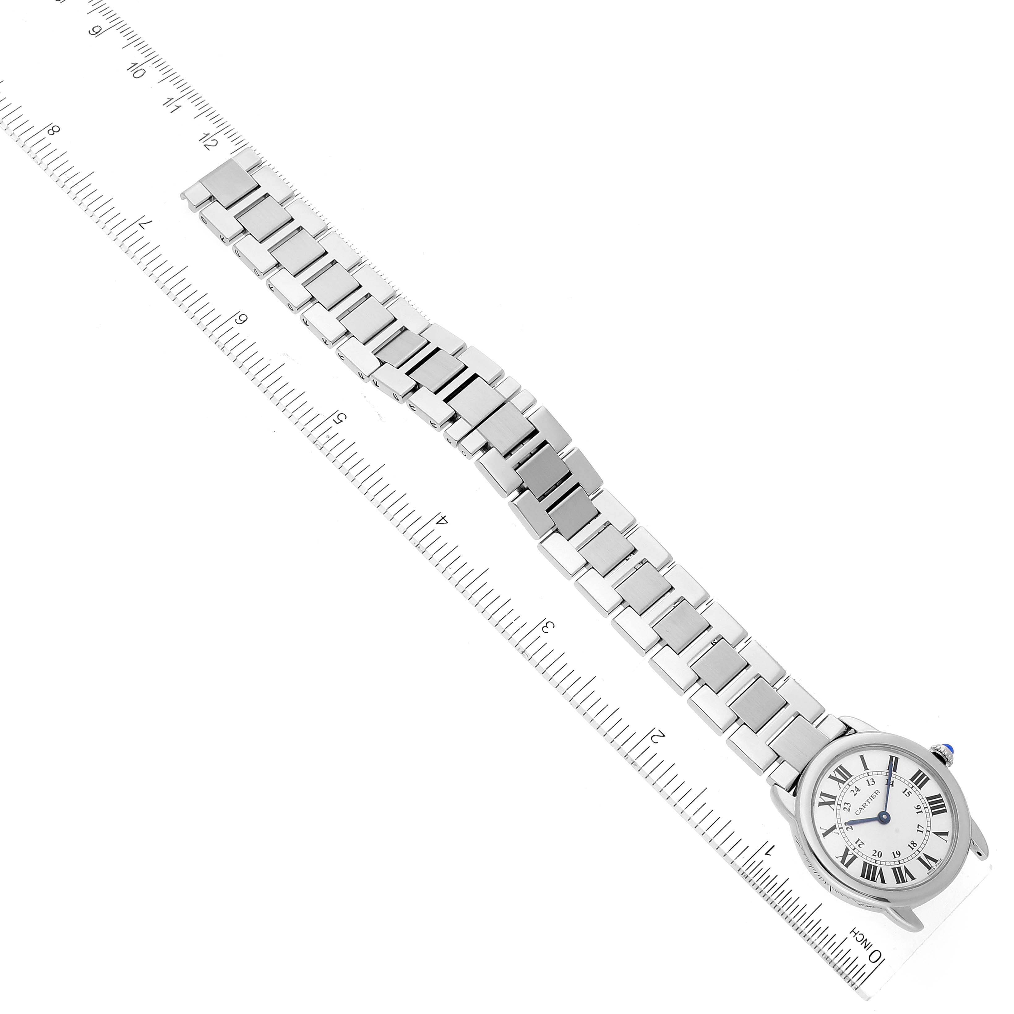 The Cartier Ronde W6701004 Women's Stainless Steel Silver Dial W6701004 Women's Stainless Steel Silver Dial watch is shown at an overhead angle with a full view of the bracelet and the watch face.