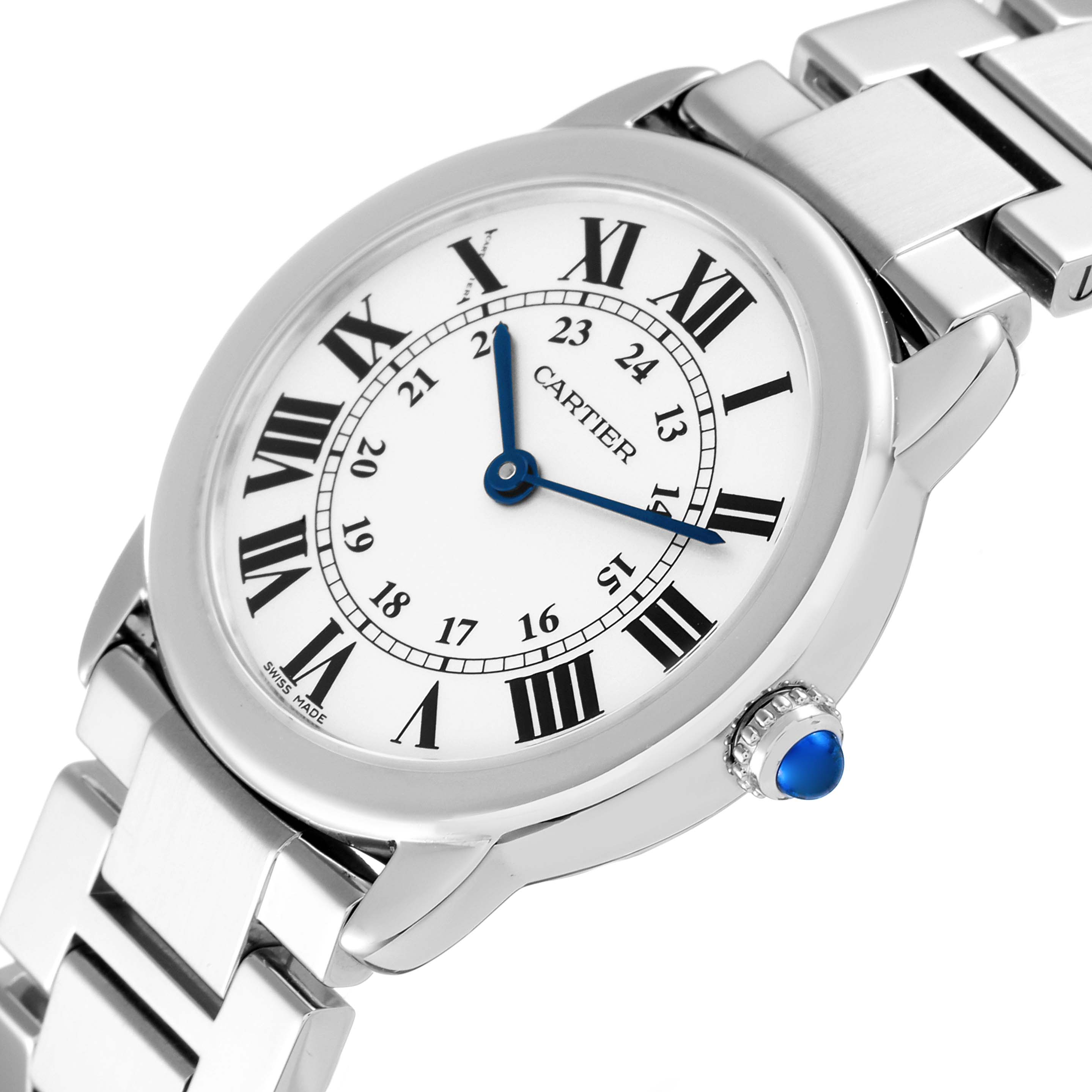 The image shows a close-up of the Cartier Ronde W6701004 Women's Stainless Steel Silver Dial W6701004 Women's Stainless Steel Silver Dial model watch, displaying the face, crown, and part of the metal bracelet.