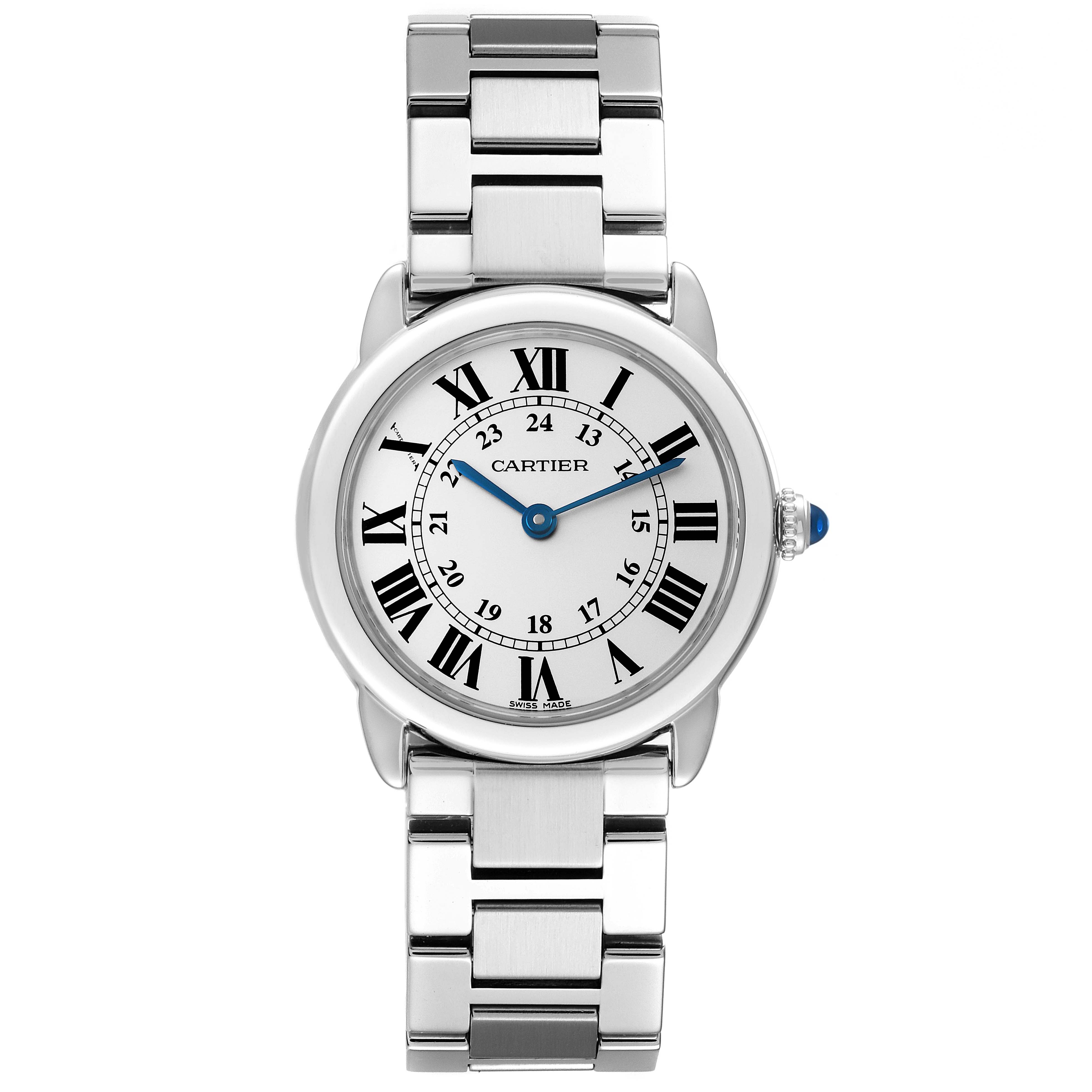 The Cartier Ronde W6701004 Women's Stainless Steel Silver Dial W6701004 Women's Stainless Steel Silver Dial model watch is shown from the front, displaying its face and stainless steel bracelet.