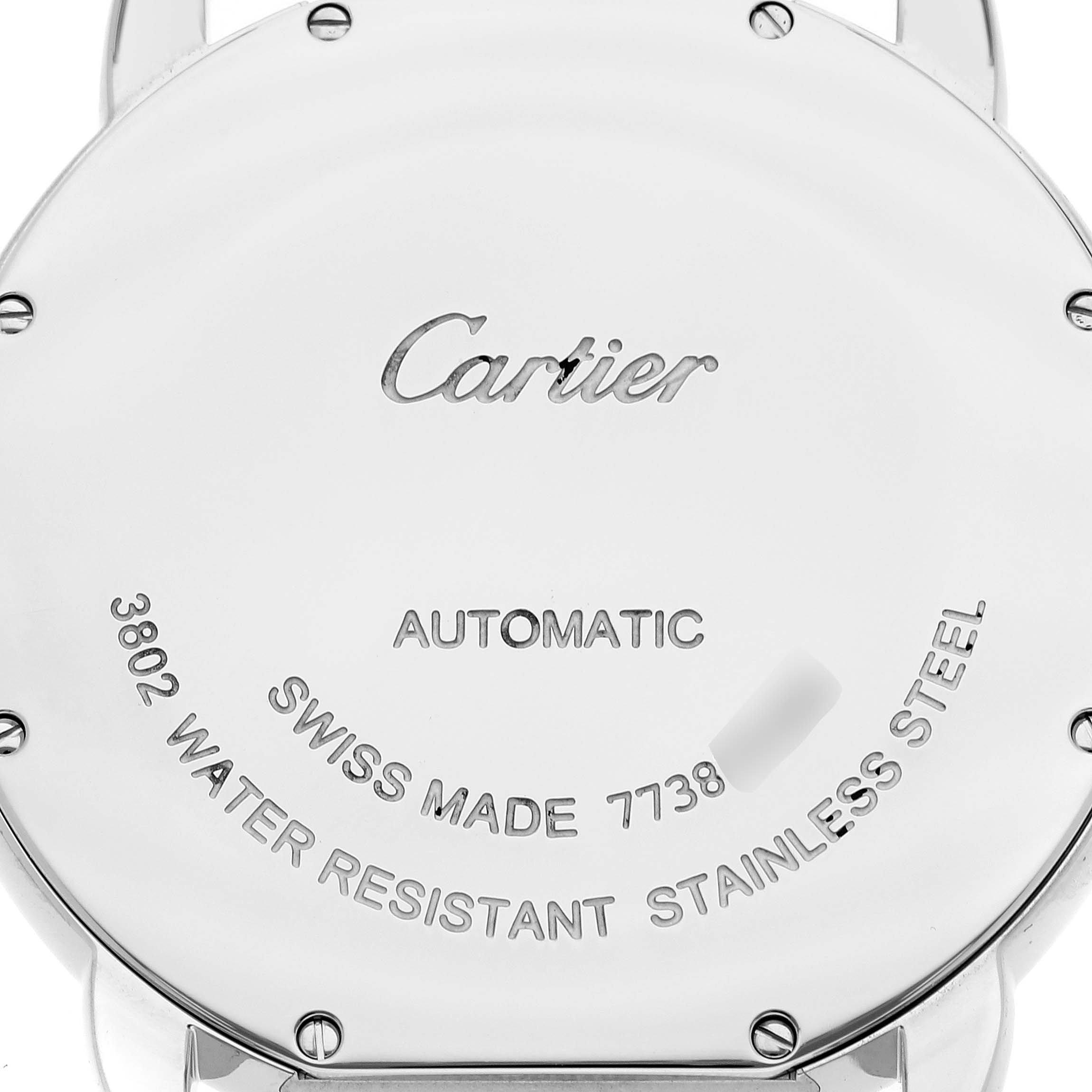 The image shows the back of the Cartier Ronde W6701010 Men
s Stainless Steel Silver Dial W6701010 Men
s Stainless Steel Silver Dial watch, highlighting its "Automatic" and "Swiss Made" inscriptions.