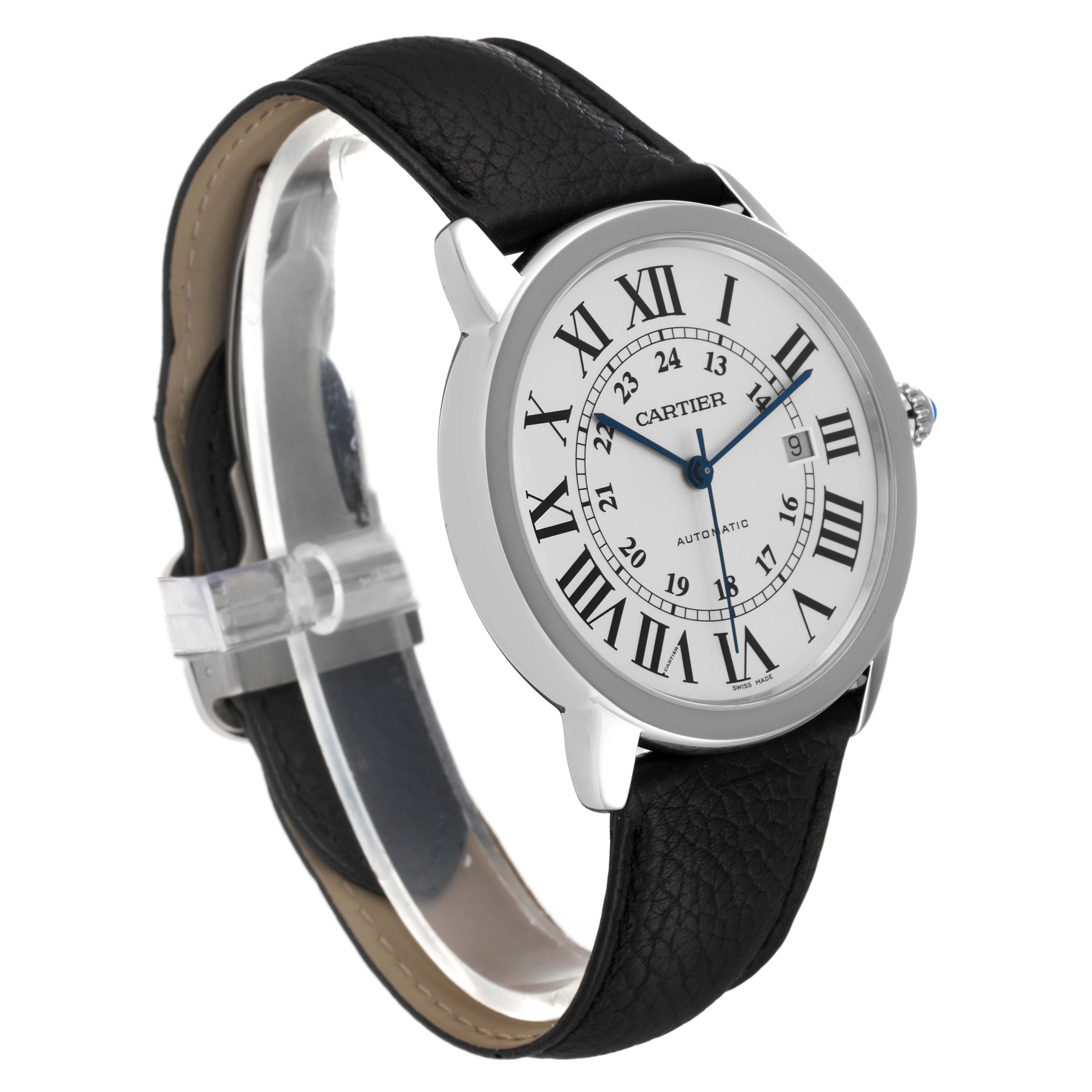The Cartier Ronde W6701010 Men
s Stainless Steel Silver Dial W6701010 Men
s Stainless Steel Silver Dial model watch is shown at a slight angle, highlighting the face, strap, and side profile.