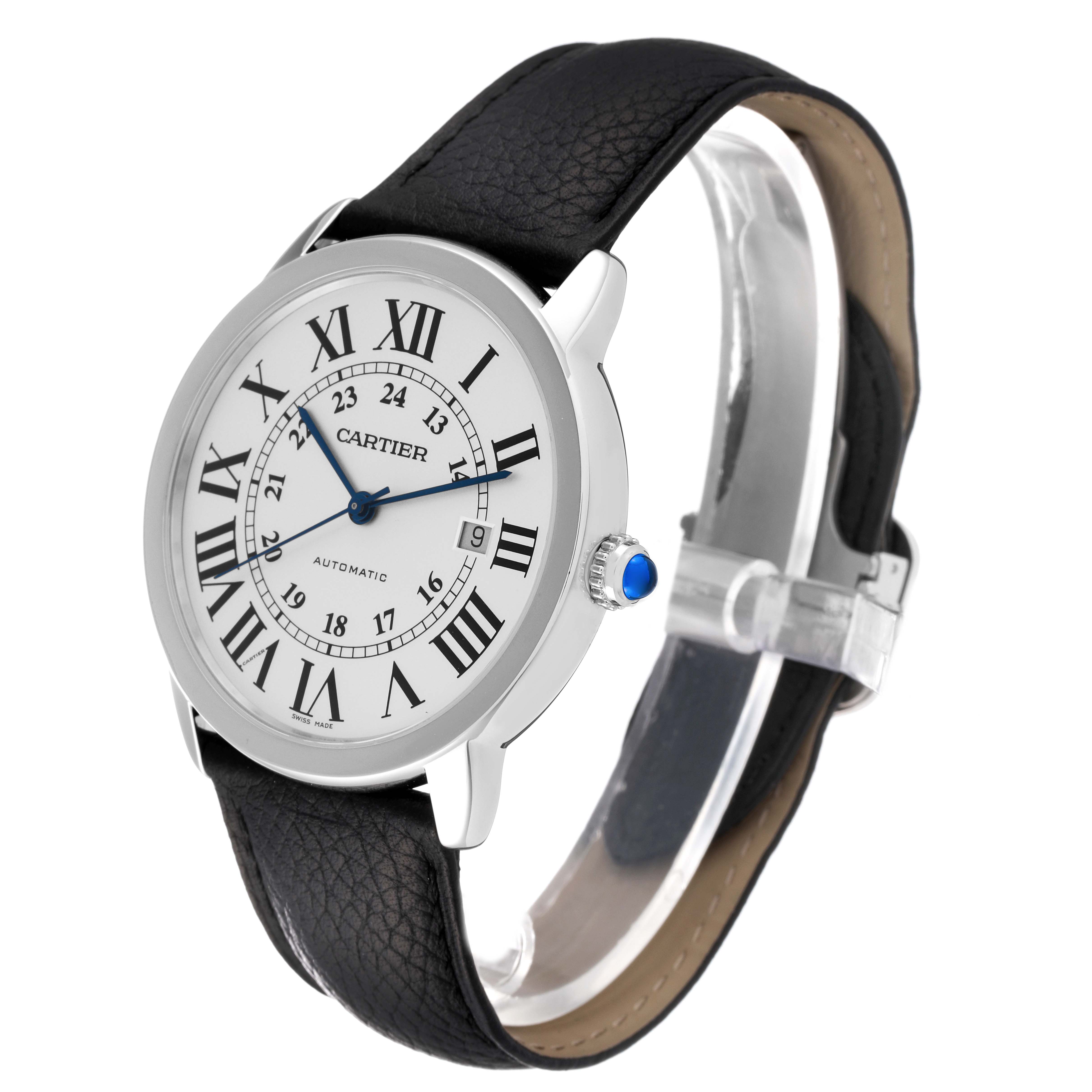 The Cartier Ronde W6701010 Men
s Stainless Steel Silver Dial W6701010 Men
s Stainless Steel Silver Dial watch is shown at a front-side angle, displaying the face, bezel, crown, and strap.