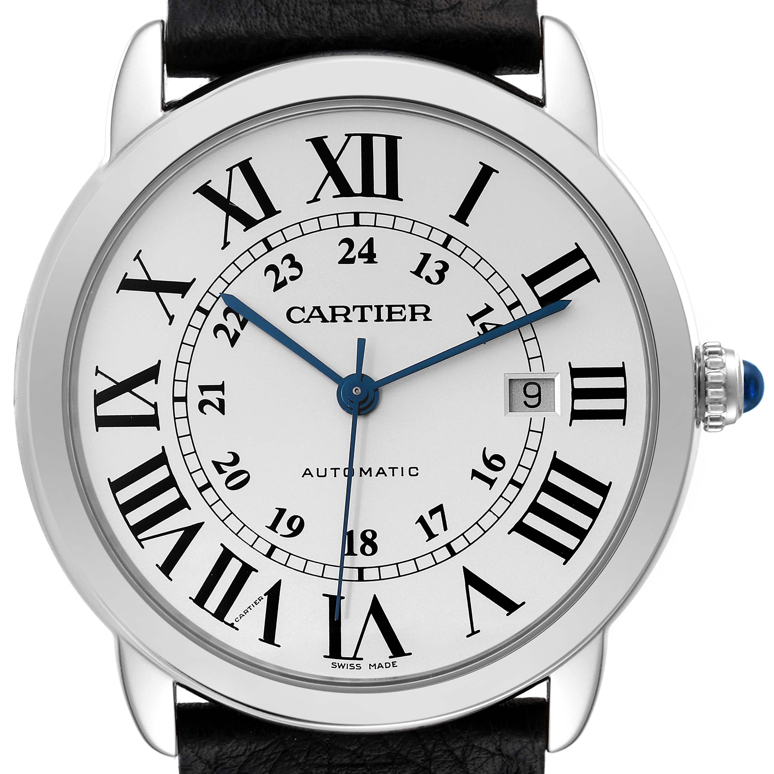 This is a close-up image of the Cartier Ronde W6701010 Men
s Stainless Steel Silver Dial W6701010 Men
s Stainless Steel Silver Dial watch face, displaying Roman numerals, blue hands, and a date window at 3 o
clock.