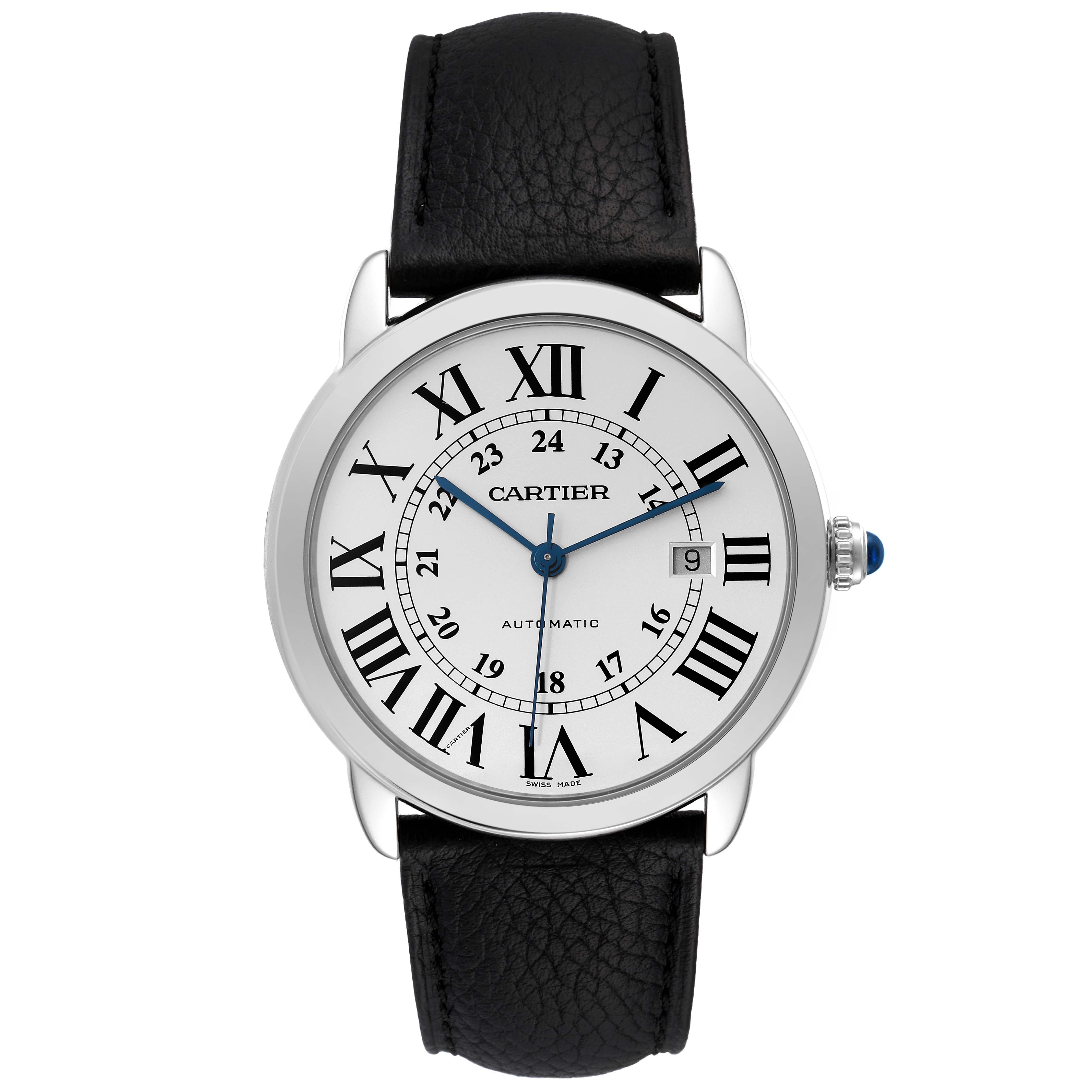 This image shows a front view of a Cartier Ronde W6701010 Men
s Stainless Steel Silver Dial W6701010 Men
s Stainless Steel Silver Dial model watch, highlighting its white dial, Roman numerals, and black leather strap.