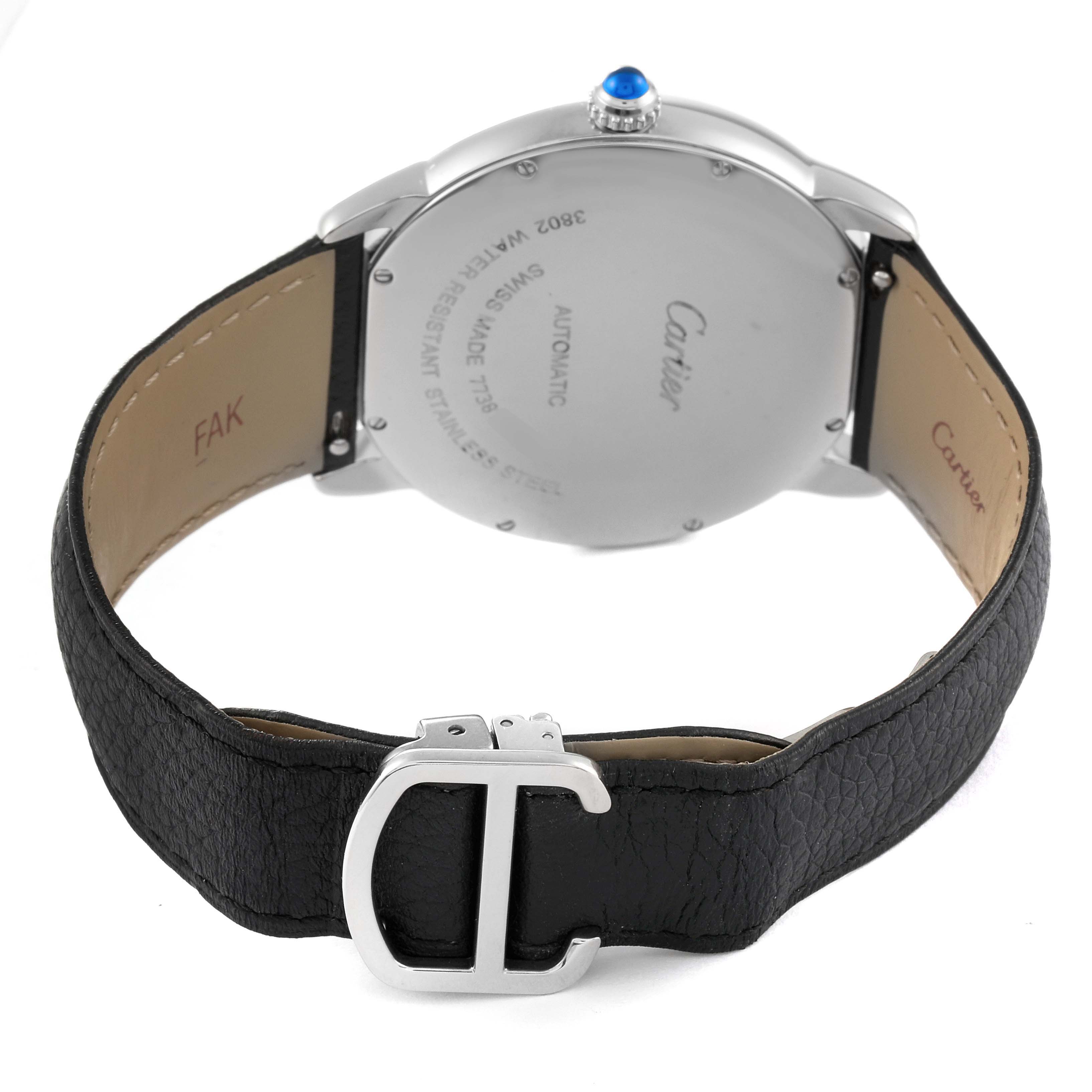 The image shows the back side of a Cartier Ronde W6701010 Men
s Stainless Steel Silver Dial W6701010 Men
s Stainless Steel Silver Dial model watch, featuring a leather strap and a C-shaped clasp.