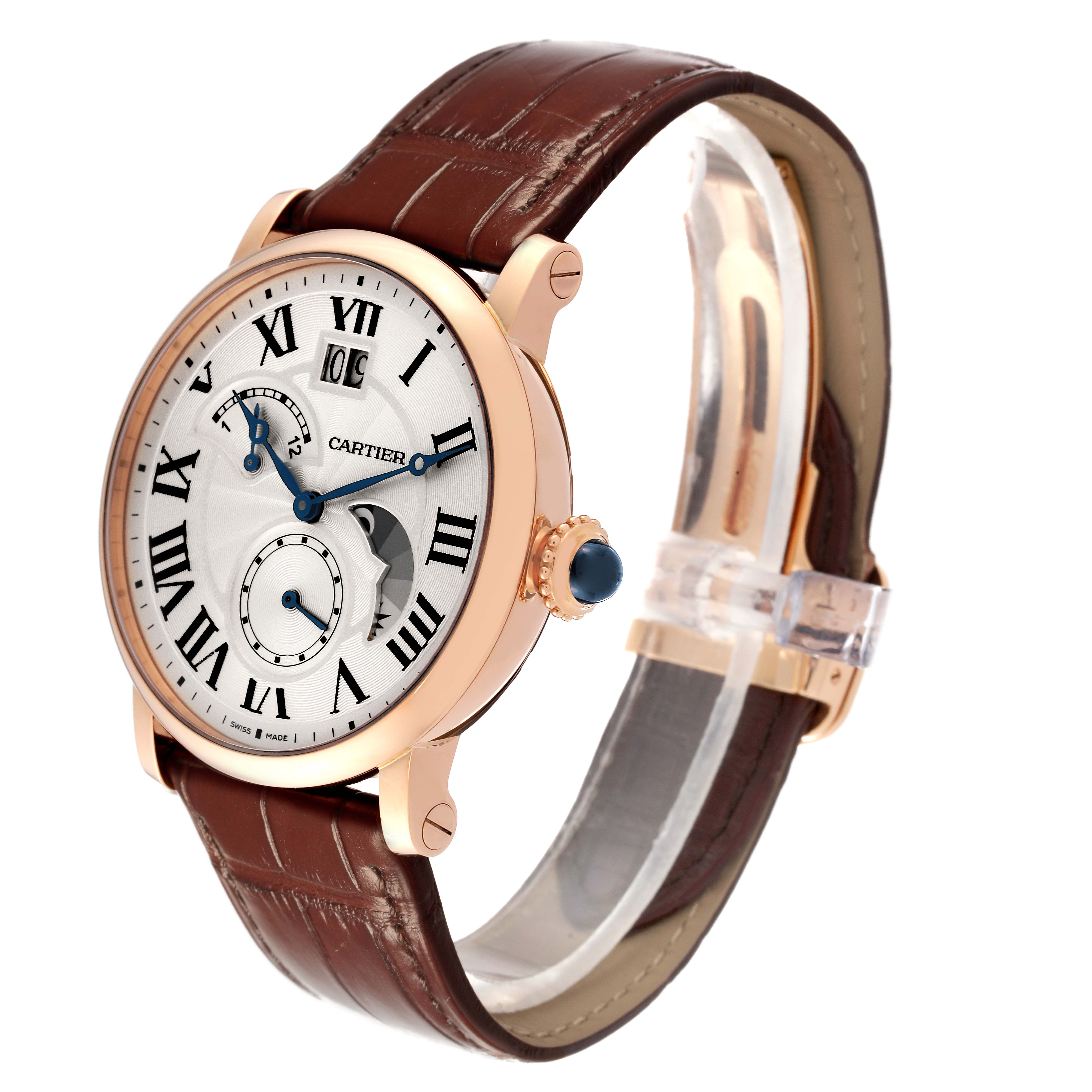 The image shows a Rotonde model watch by Cartier at an angled view, highlighting the face, crown, and leather strap.