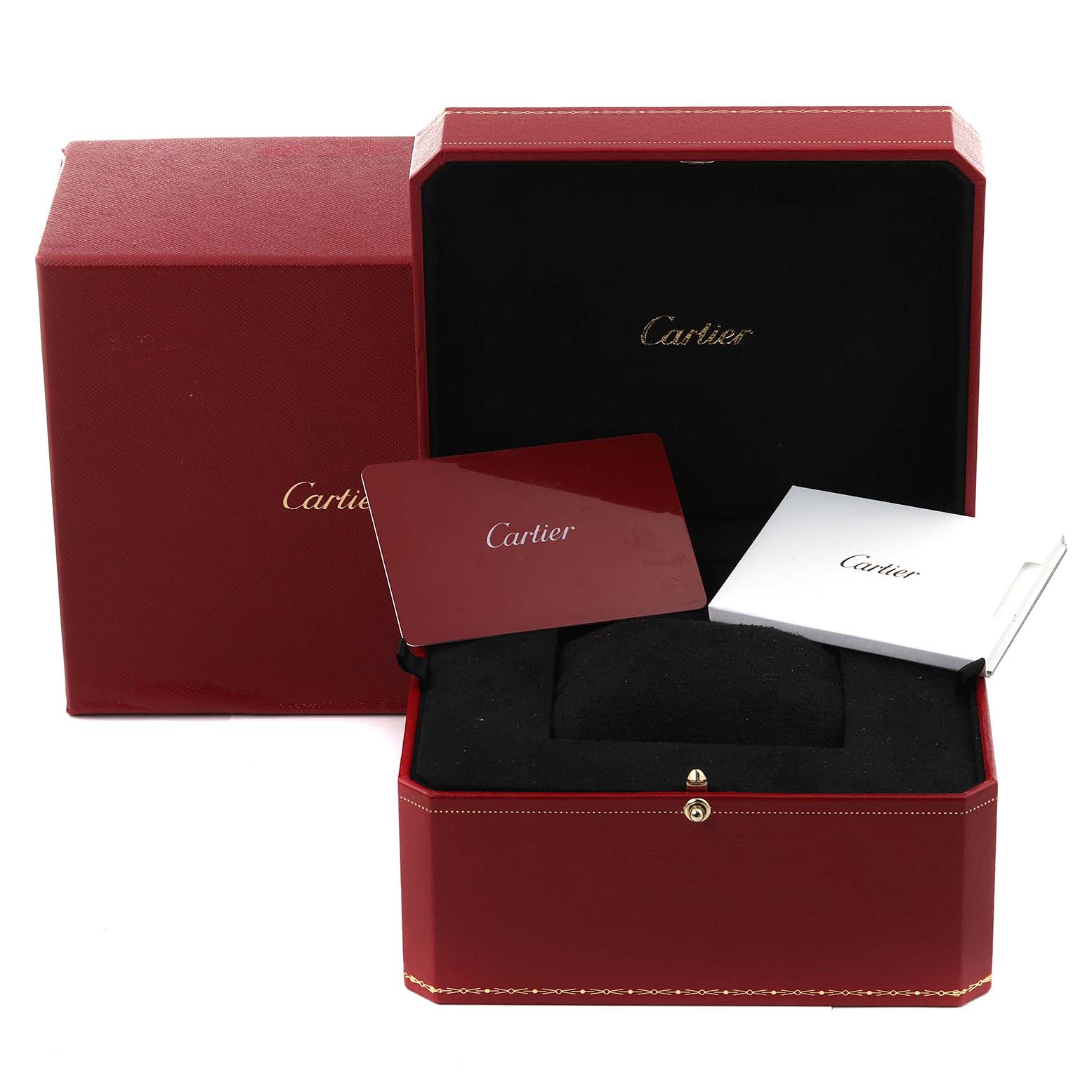 The image shows the open red box, cushion, and booklet for the Rotonde model by Cartier.