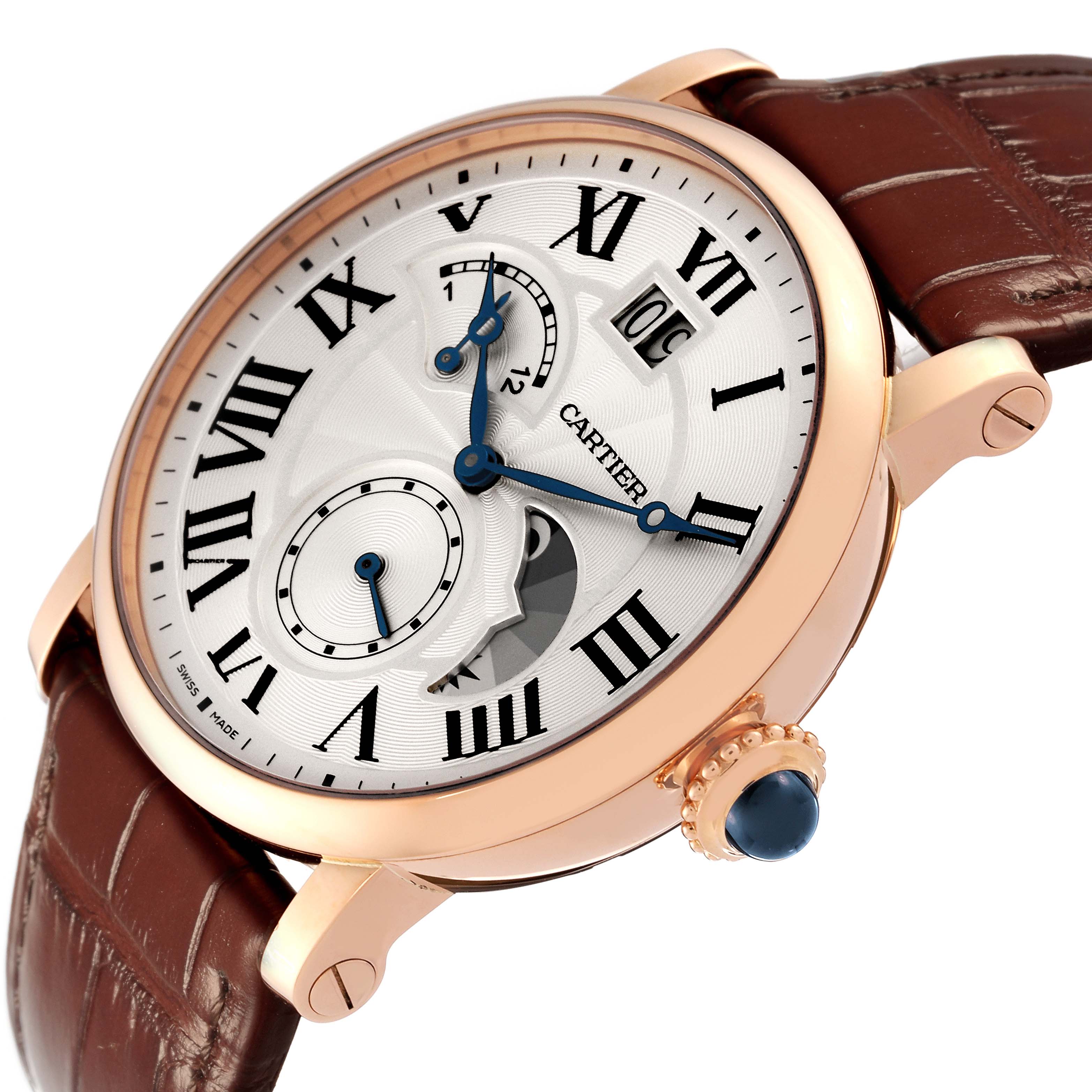 The Cartier Rotonde W1556240 Men
s Rose Gold Silver Dial W1556240 Men
s Rose Gold Silver Dial watch is shown at an angled view highlighting the dial, crown, and leather strap.