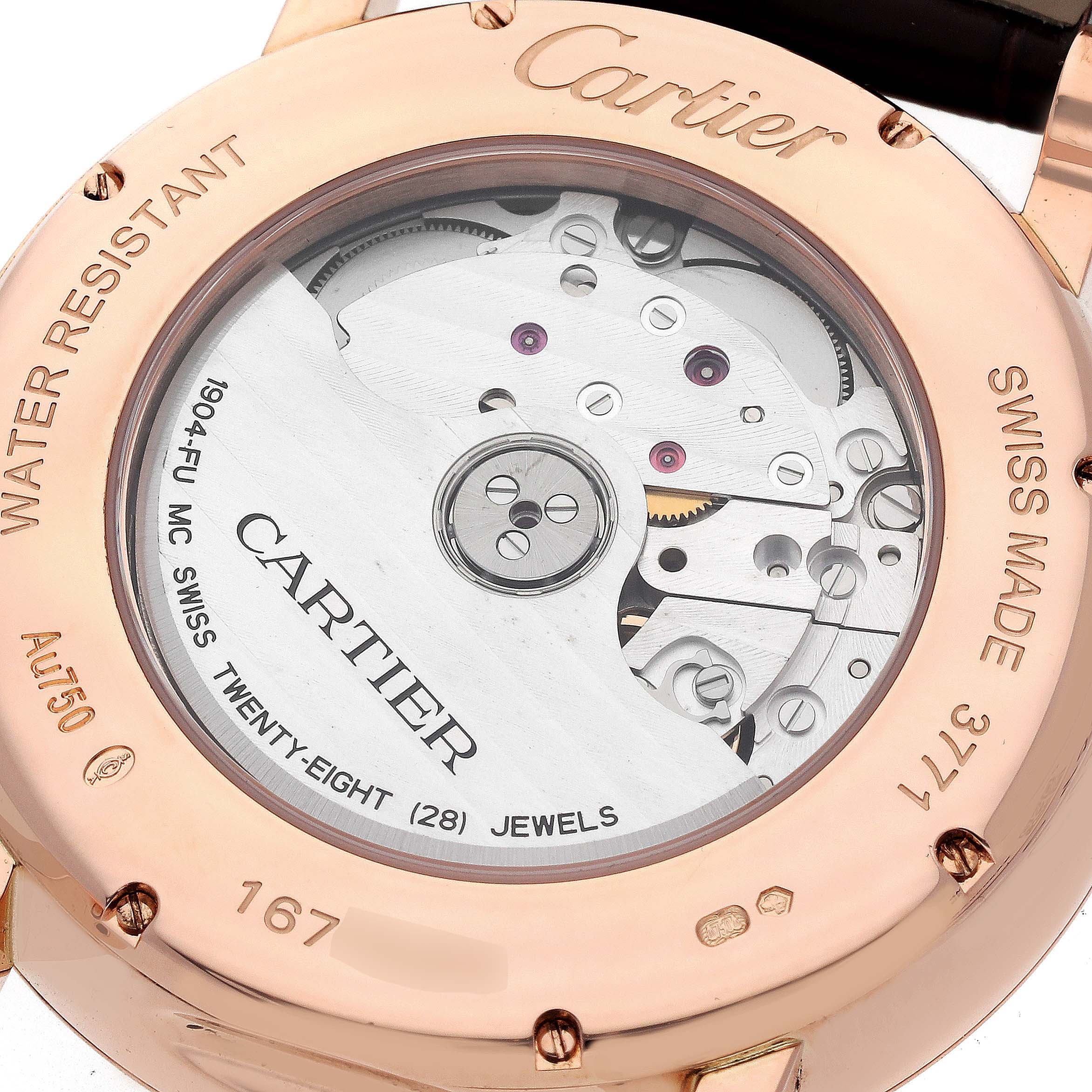 This image shows a close-up view of the back casing and mechanical movement of a Cartier Rotonde W1556240 Men
s Rose Gold Silver Dial W1556240 Men
s Rose Gold Silver Dial watch.