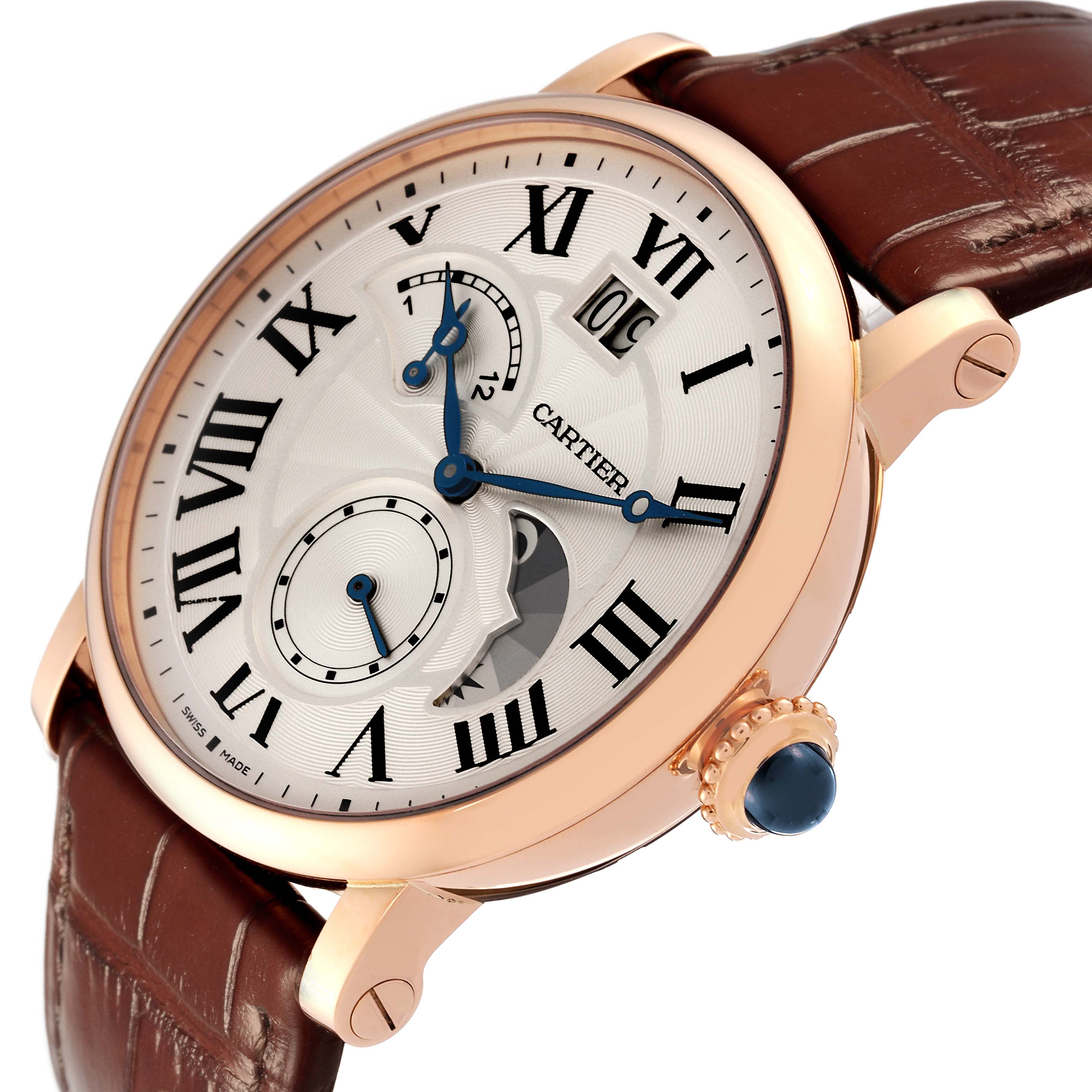 The image shows a Rotonde model by Cartier from a slightly angled side view, highlighting the dial, case, crown, and leather strap.