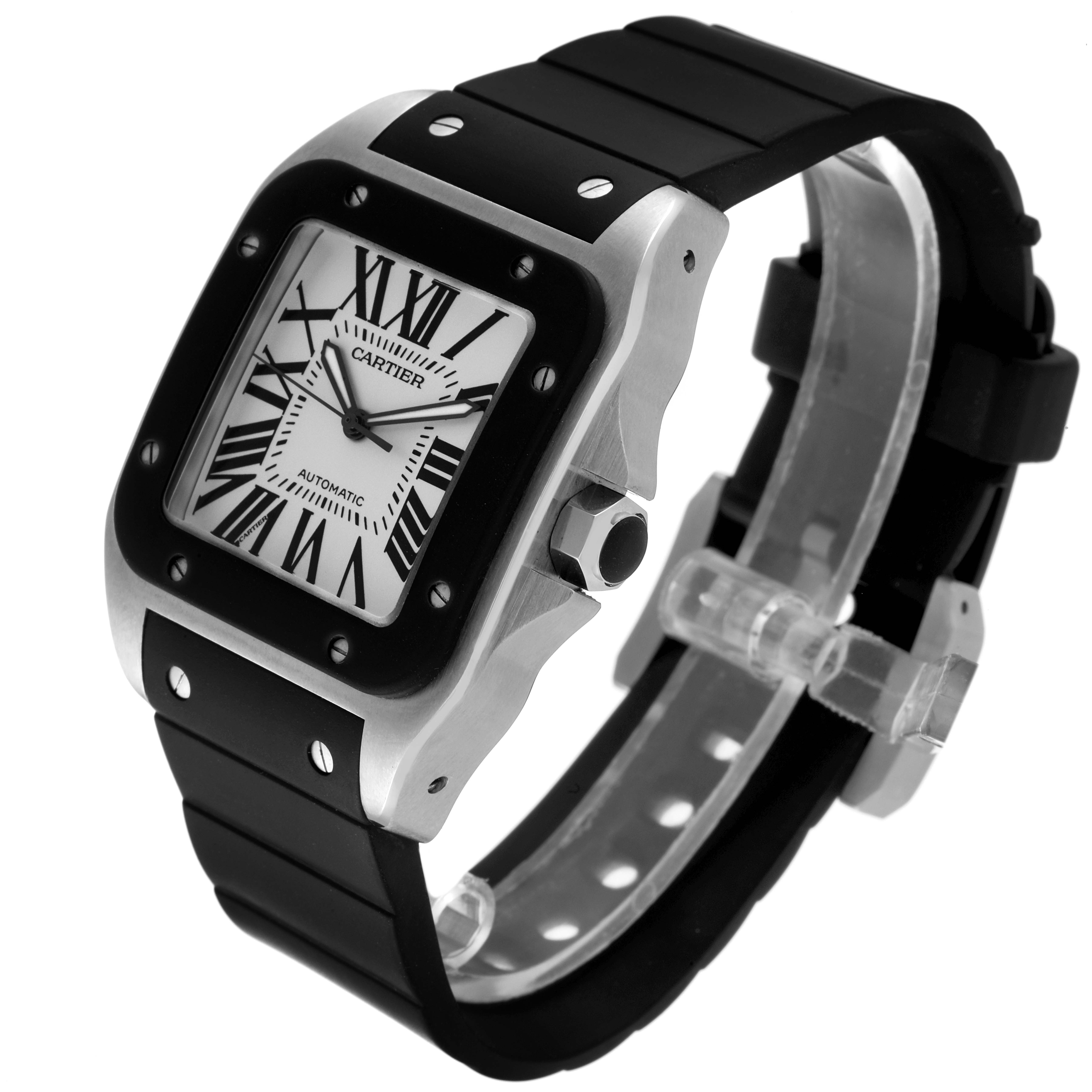 This image shows a Cartier Santos W20121U2 Men
s Stainless Steel Silver Dial W20121U2 Men
s Stainless Steel Silver Dial watch from an angled side view, showcasing the face, bezel, crown, and strap.