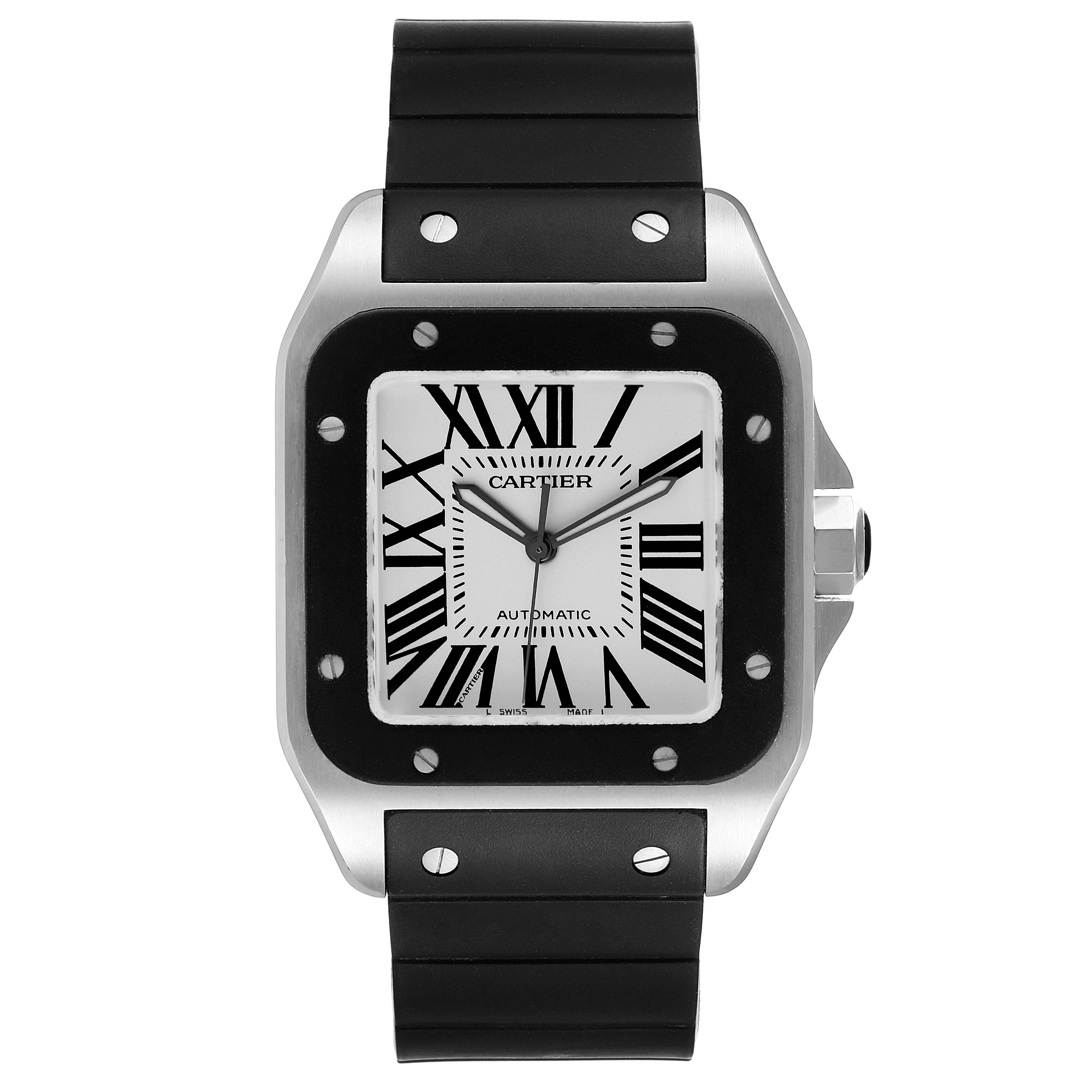 This Cartier Santos W20121U2 Men
s Stainless Steel Silver Dial W20121U2 Men
s Stainless Steel Silver Dial watch is shown from a front angle, displaying its square dial, Roman numerals, and black rubber strap.