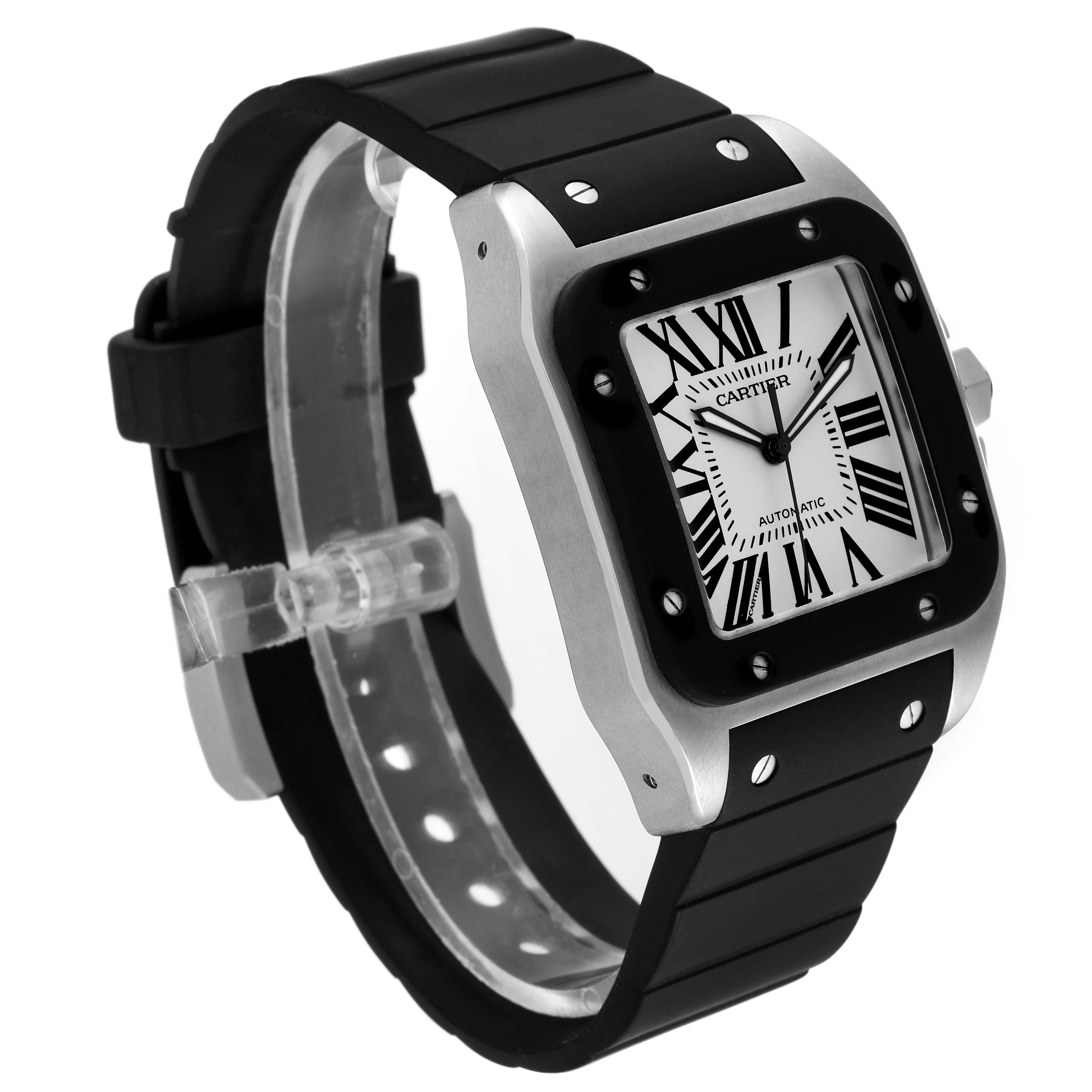 This image shows a Cartier Santos W20121U2 Men
s Stainless Steel Silver Dial W20121U2 Men
s Stainless Steel Silver Dial watch from a front-left angle, highlighting the face, bezel, and black strap.