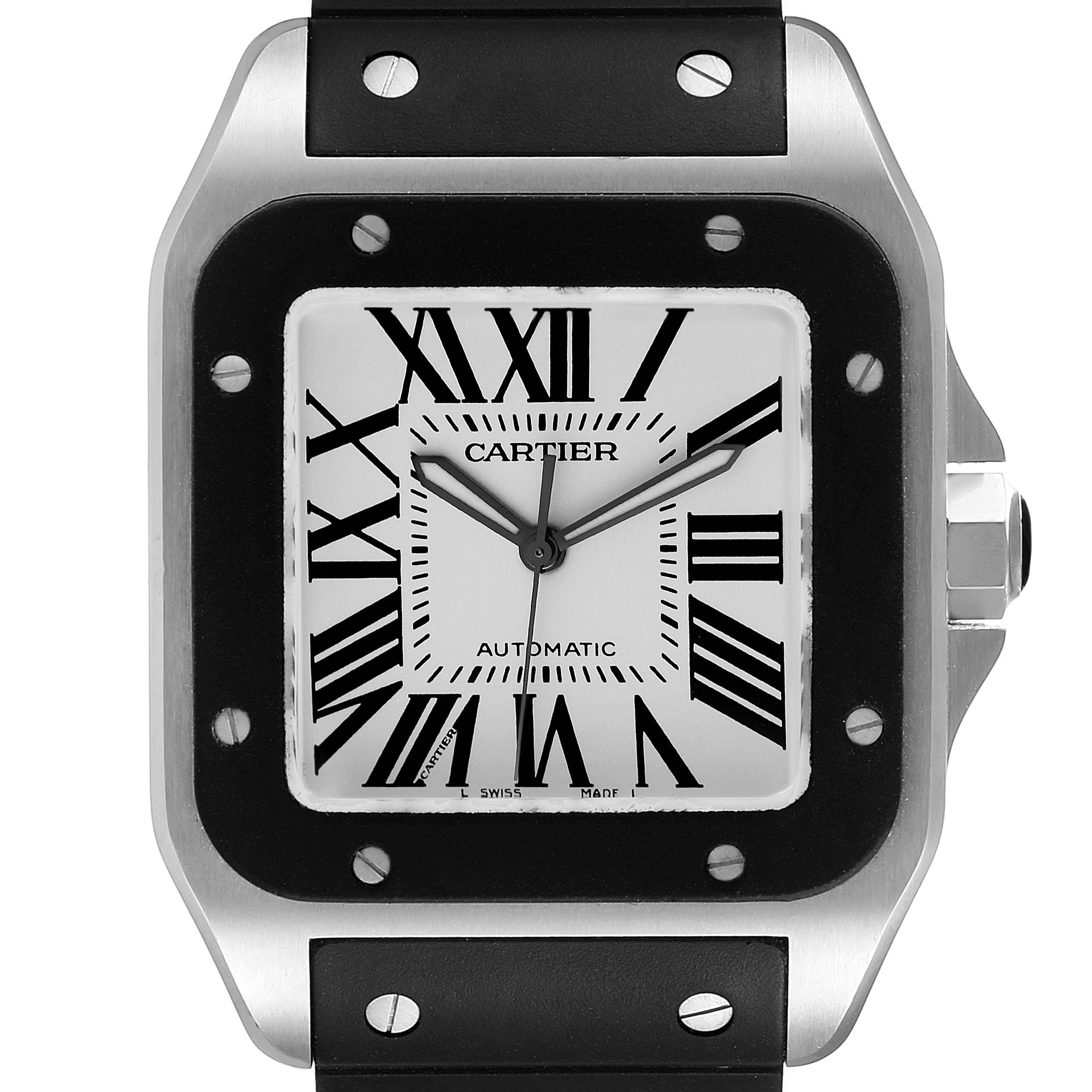 This close-up image of the Cartier Santos W20121U2 Men
s Stainless Steel Silver Dial W20121U2 Men
s Stainless Steel Silver Dial watch shows the face, bezel, and part of the strap.