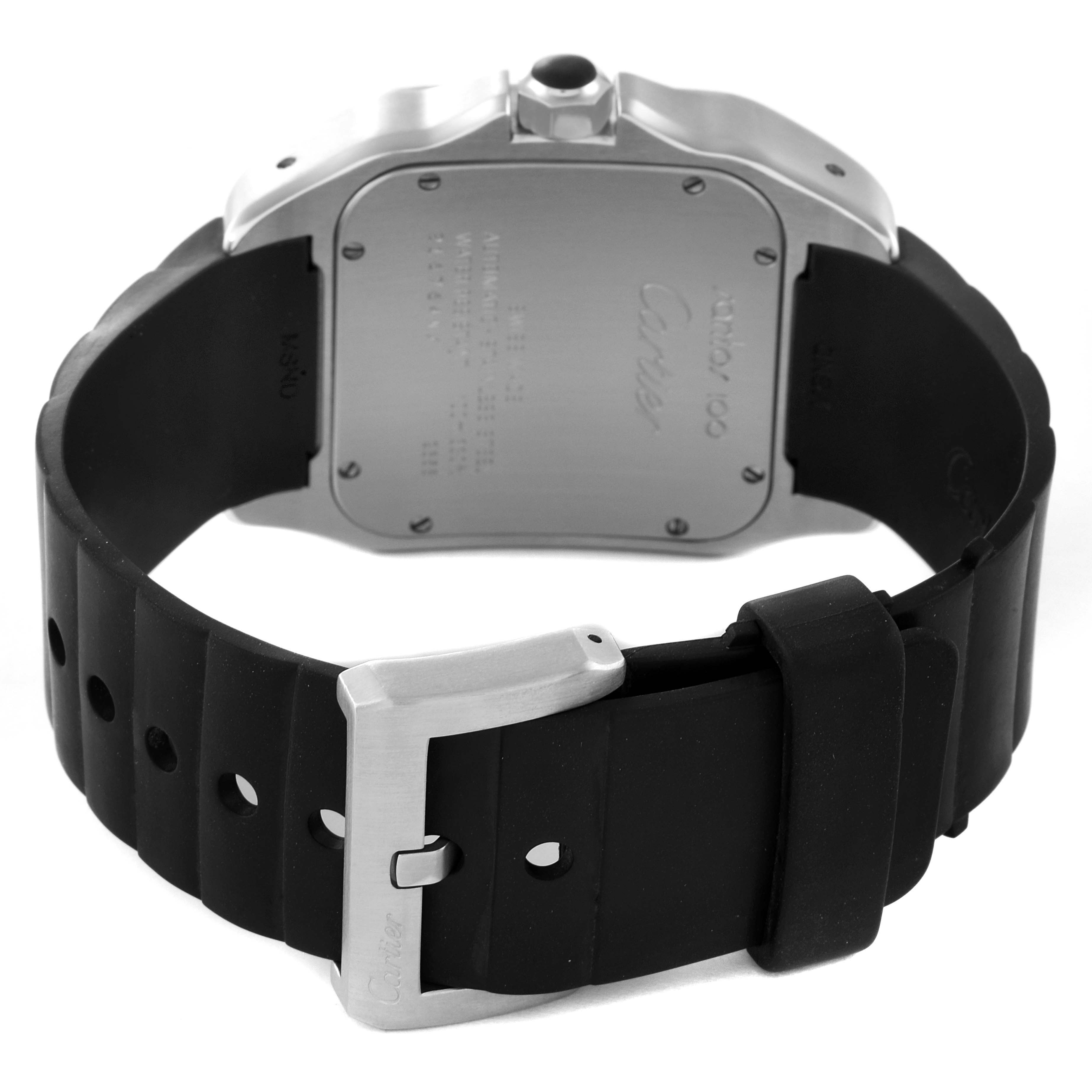 The image shows the back case and buckle of the Cartier Santos W20121U2 Men
s Stainless Steel Silver Dial W20121U2 Men
s Stainless Steel Silver Dial watch, along with its black strap.