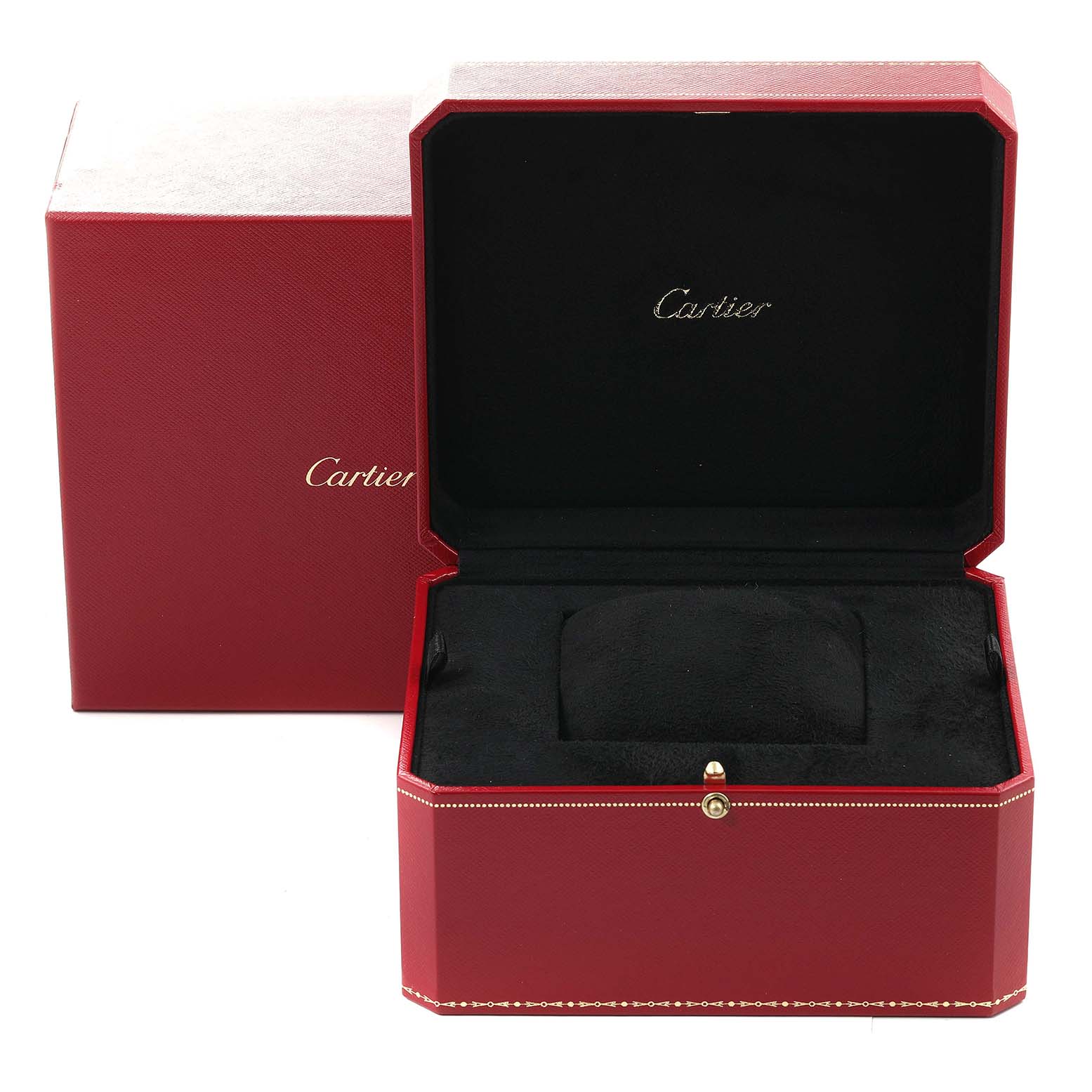 The image shows an open red Cartier watch box for the Santos model, displaying its black interior and pillow for the watch.