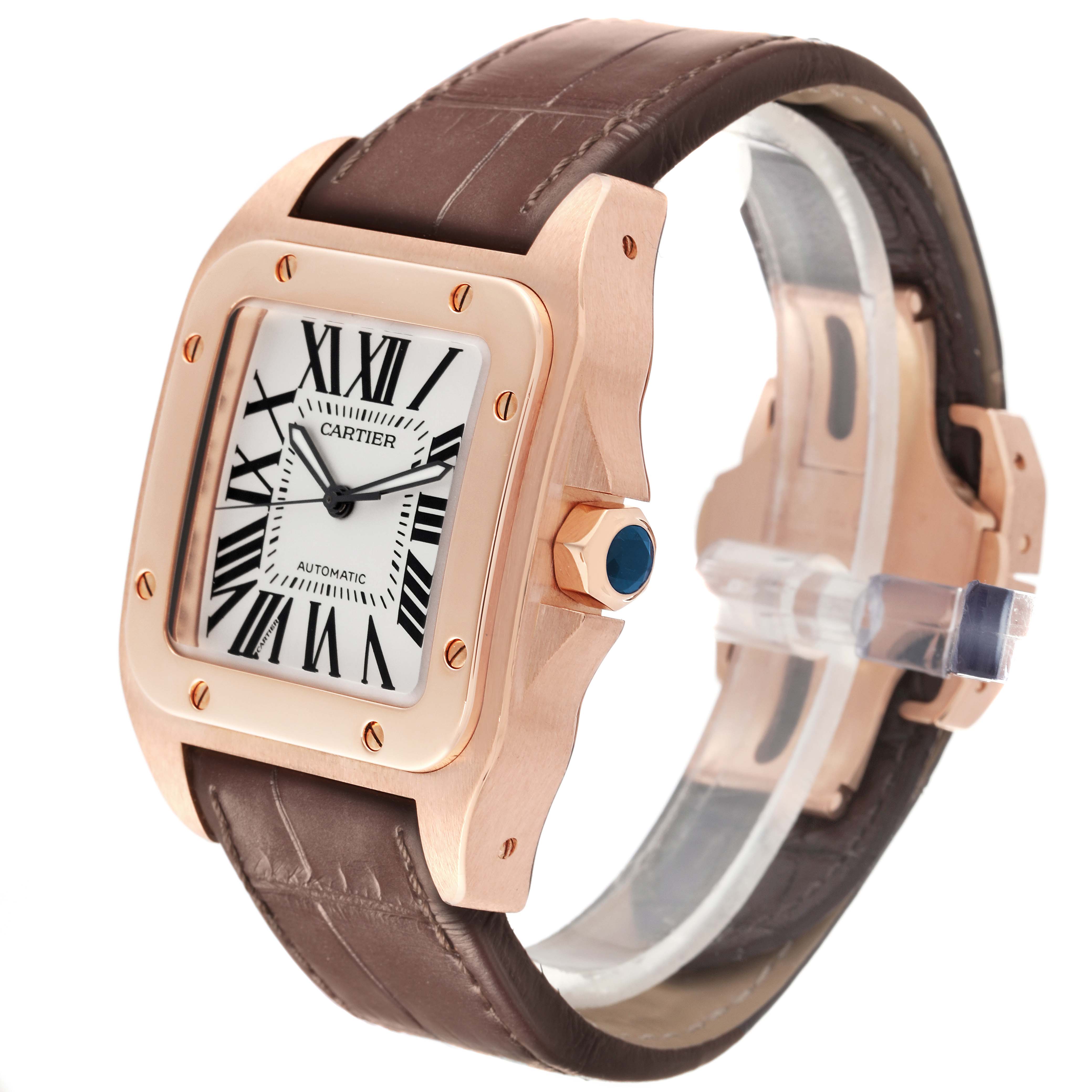 The Cartier Santos W20095Y1 Men's Rose Gold Silver Dial W20095Y1 Men's Rose Gold Silver Dial watch is shown at an angle displaying the face, crown, bezel, and leather strap.