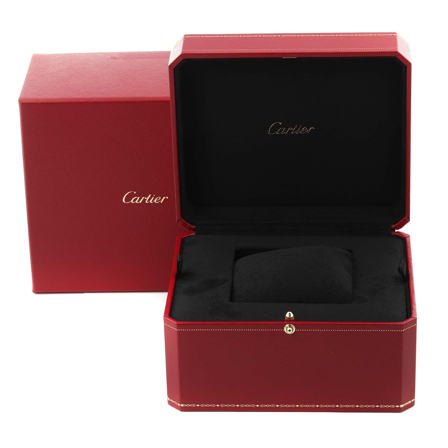 The image shows the luxurious red and black Cartier box for the Santos model watch, with the lid open and the cushion inside.