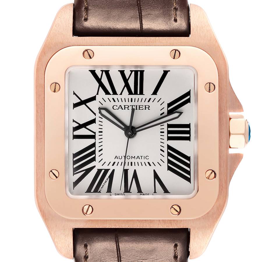 Cartier Santos 100 XL Rose Gold Silver Dial Mens Watch W20095Y1 SwissWatchExpo