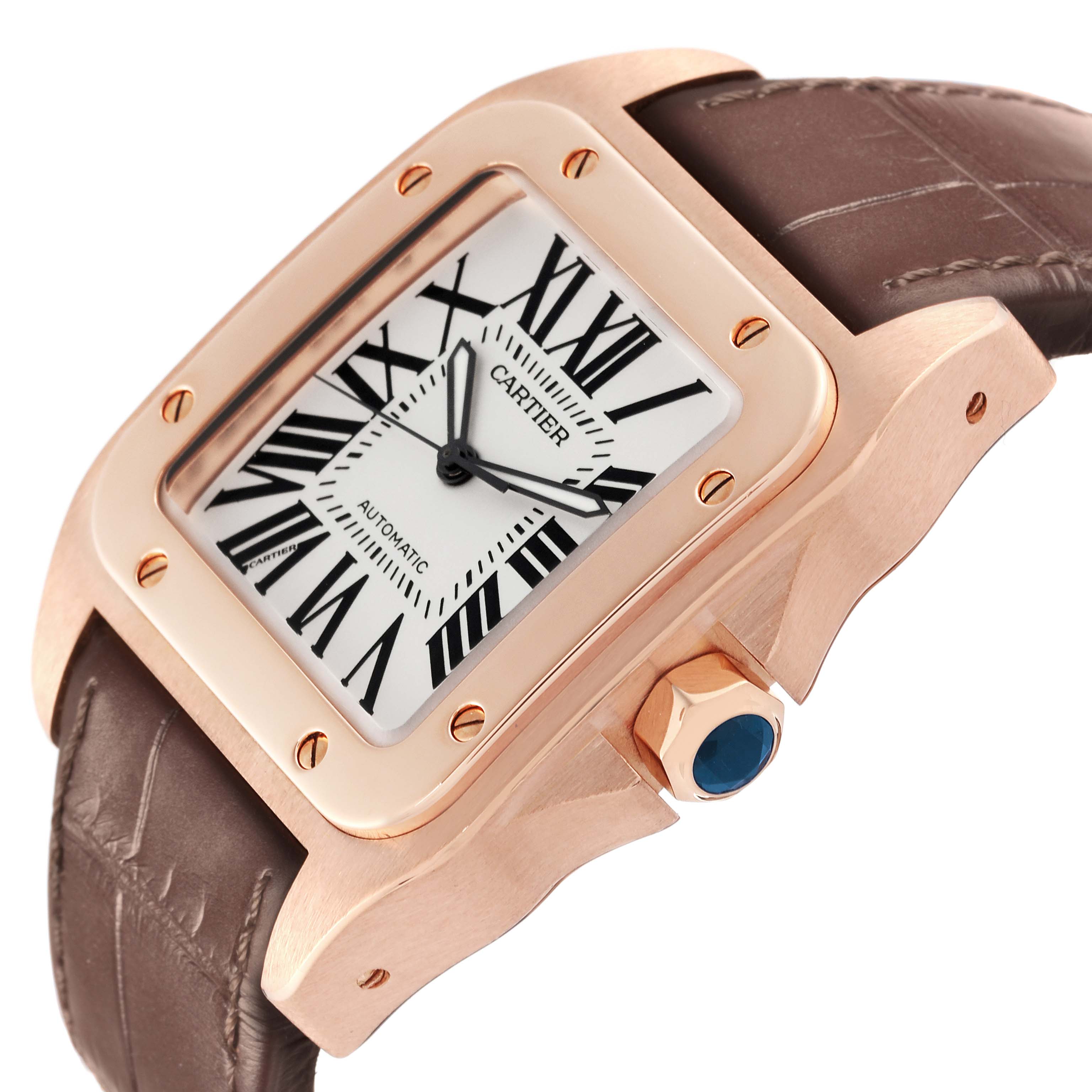 The image shows a close-up side angle of the Cartier Santos W20095Y1 Men's Rose Gold Silver Dial W20095Y1 Men's Rose Gold Silver Dial watch, highlighting its dial, bezel, crown, and leather strap.